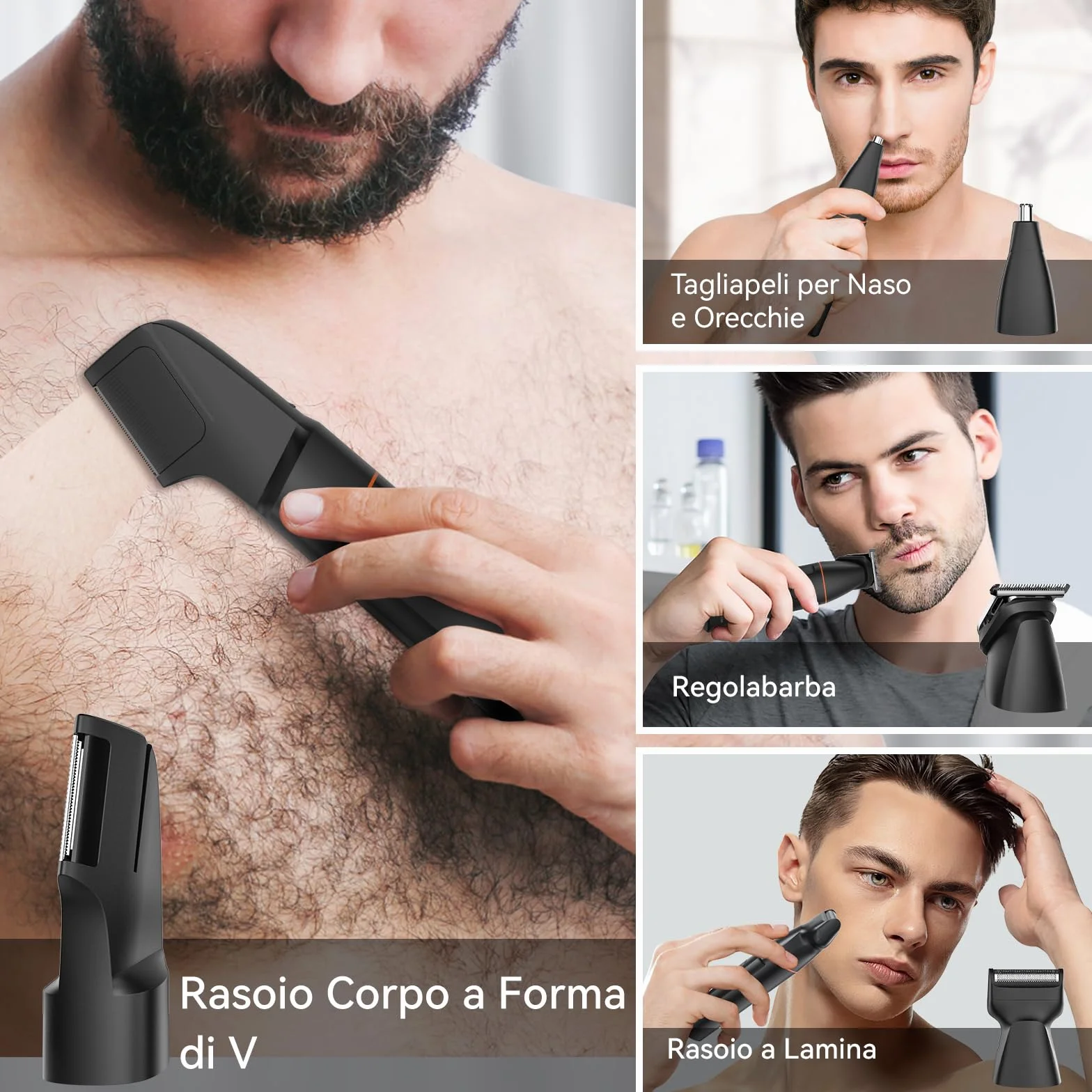 MAXGROOM 4 in 1 Rasoio Elettrico Corpo Uomo IPX6 Uso Umido e Secco Depilatore Ricarica USB C Nero