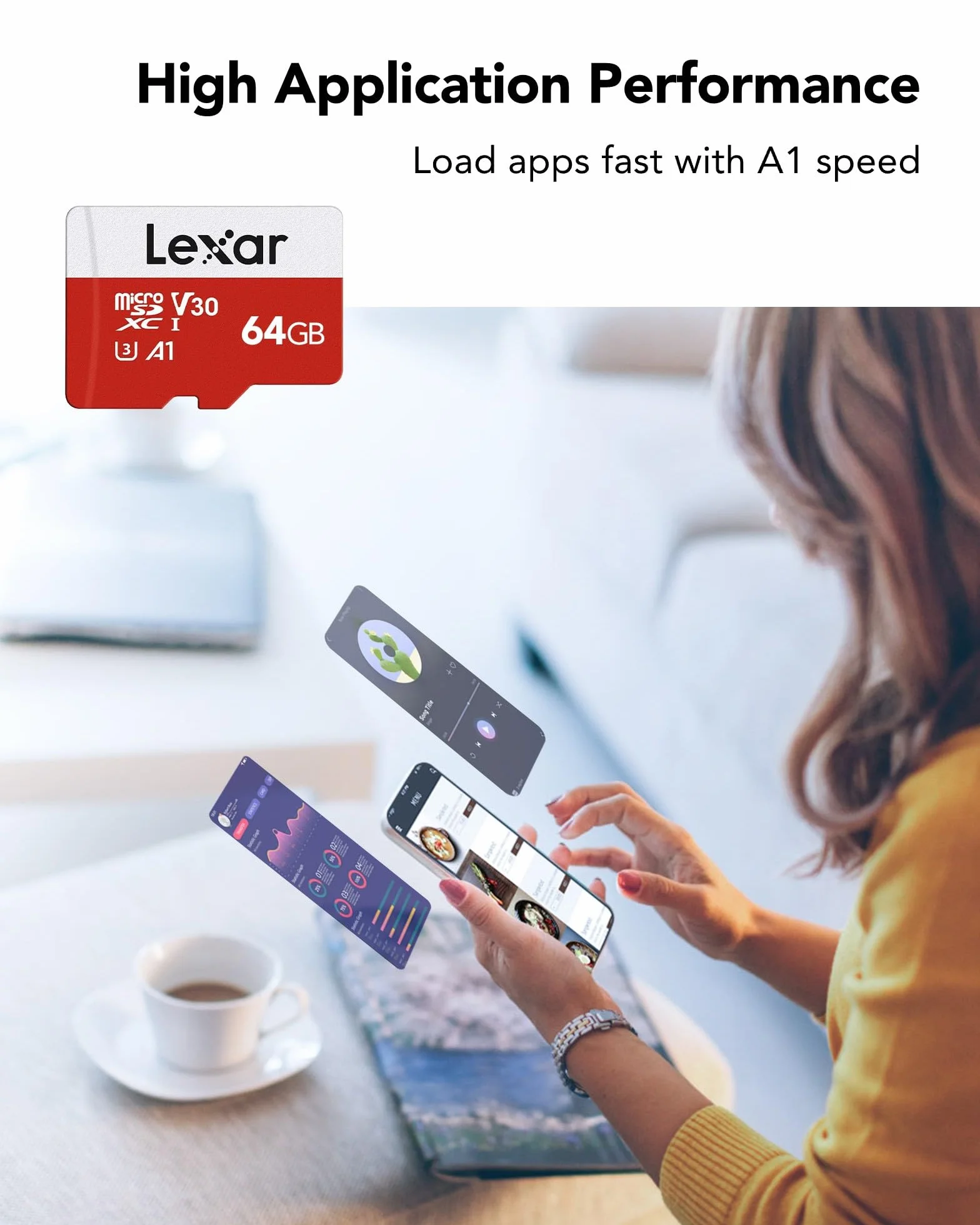Lexar Micro SD 64 GB Scheda di Memoria microSDXC A1 U3 C10 V30 100 MB/s con Adattatore SD