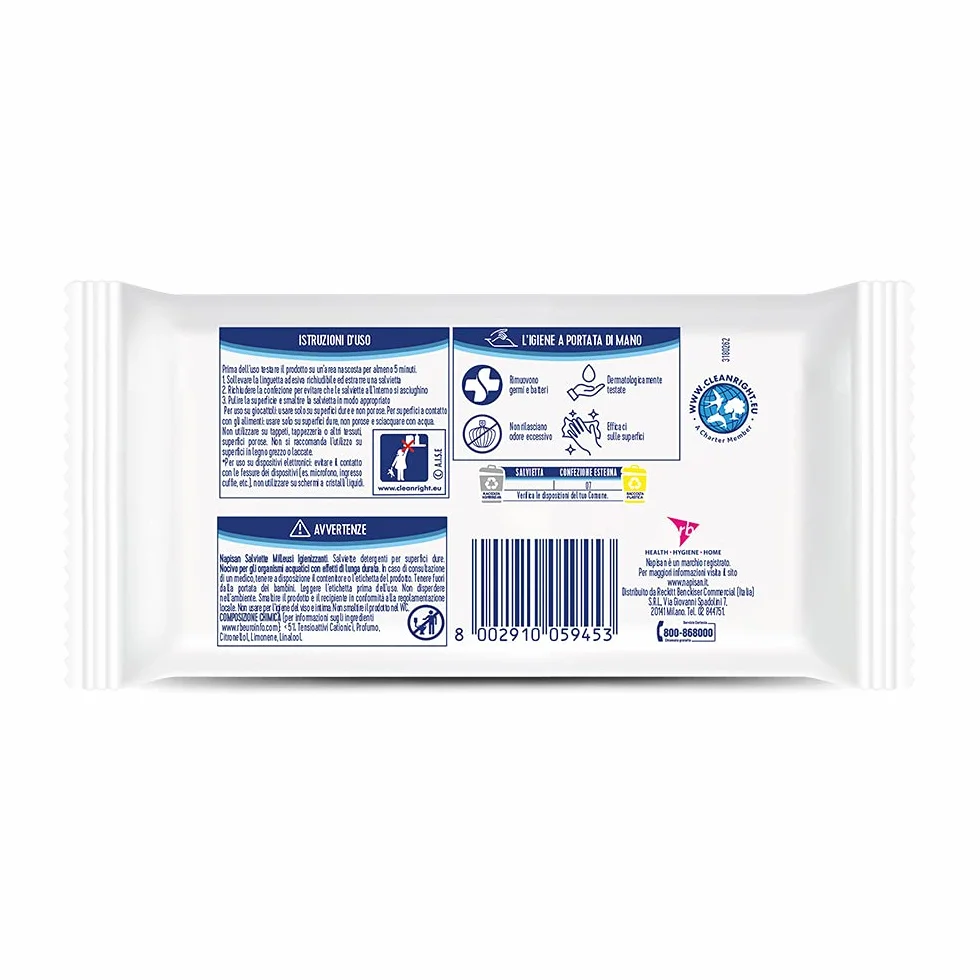 Napisan Salviette Igienizzanti Biodegradabili, Confezione da 14x15, Igienizzante Multisuperfici