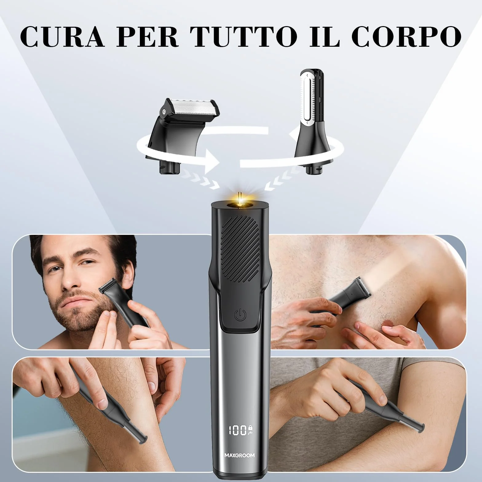 MAXGROOM 2 in 1 Rasoio Elettrico Corpo Uomo a Umido e Secco, Depilatore Corpo con 2 Testine, Display LED