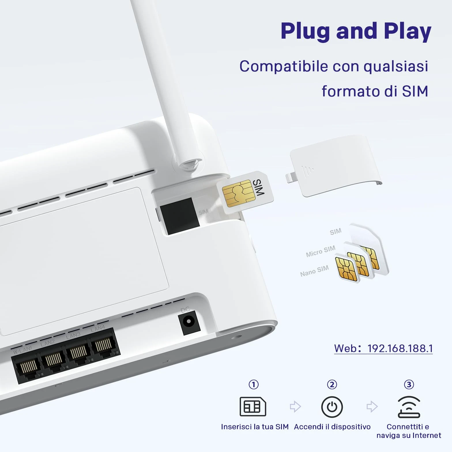 STRONG Router WiFi N300 Mbps con SIM, 4G Cat4 LTE, Antenne Esterne Fisse, Porte WAN/LAN 100 Mbps, Router con SIM, Plug and Play, Supporta fino a 32 Dispositivi, Rete Sicura (4GROUTER360)