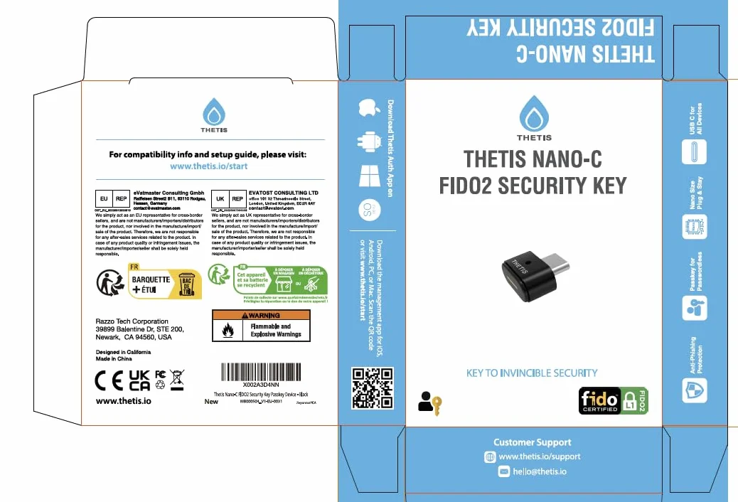 Thetis Nano-C FIDO2 Security Key Hardware Passkey Dispositivo con USB Tipo C, TOTP/HOTP, FIDO2.0 Autenticazione a due fattori 2FA MFA, funziona con Windows/Mac/iOS/Android/Linux/Gmail/Facebook/GitHub