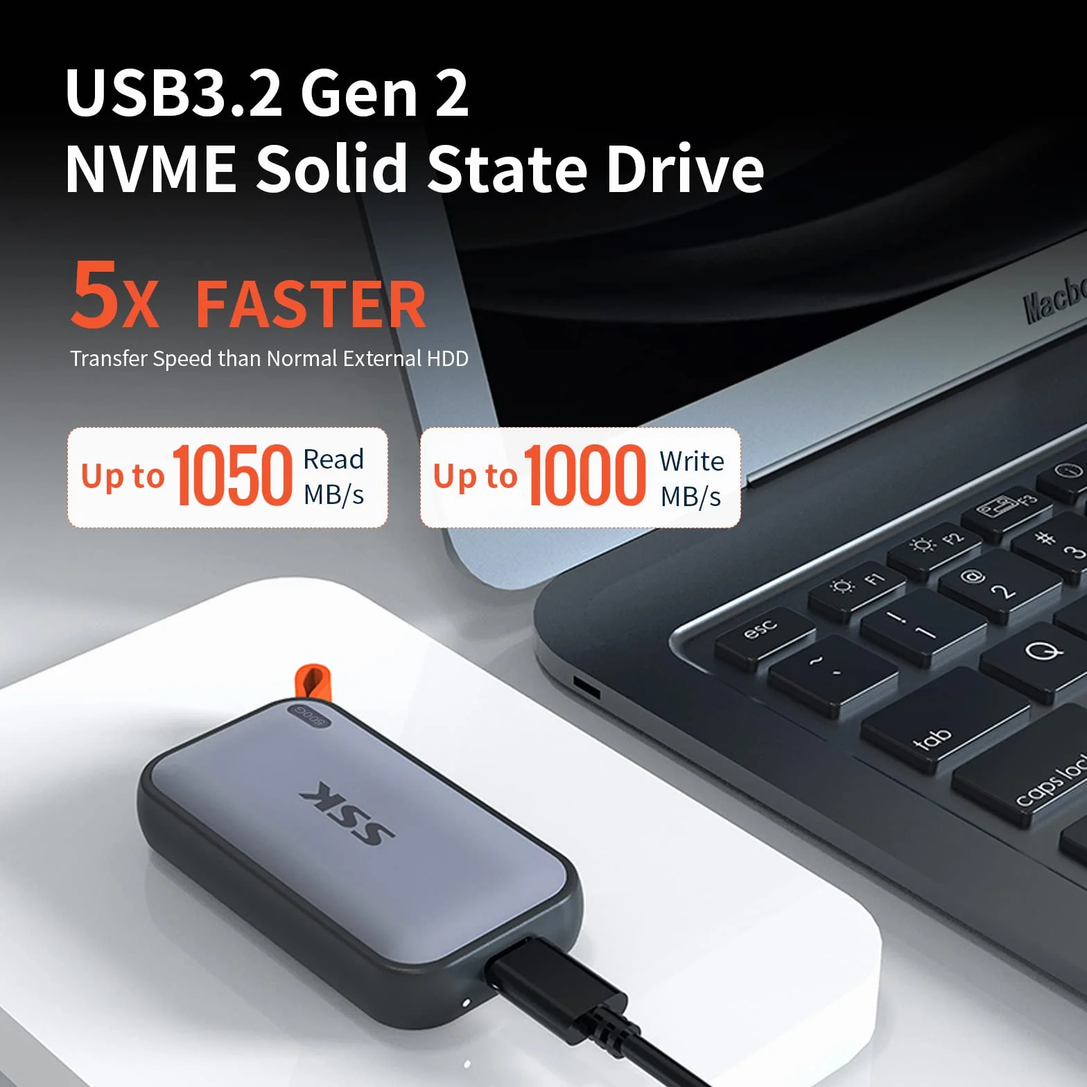 SSK SSD NVME portatile da 500 GB, velocità di trasmissione estrema fino a 1050 MB/s Unità a stato solido esterna USBC 3.2 Gen2 SSD esterno per PS5, xBOX, laptop, MacBook/Pro/Air e altro