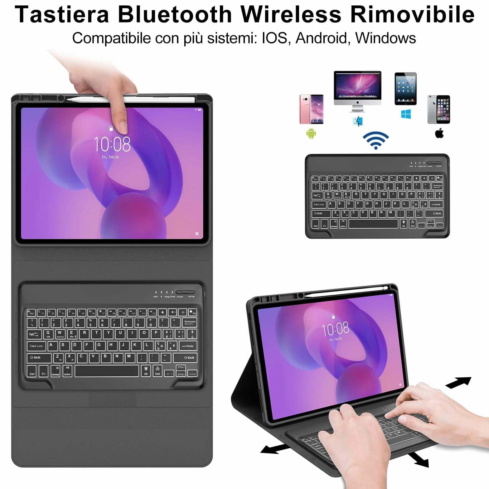 IVEOPPE Cover Tastiera Lenovo Idea Tab Pro 12.7 Pollici 2025, Custodia Tastiera Italiano 7 Colori Retroilluminata Bluetooth Staccabile per Lenovo Xiaoxin Pad Pro 12,7 2025, Nero