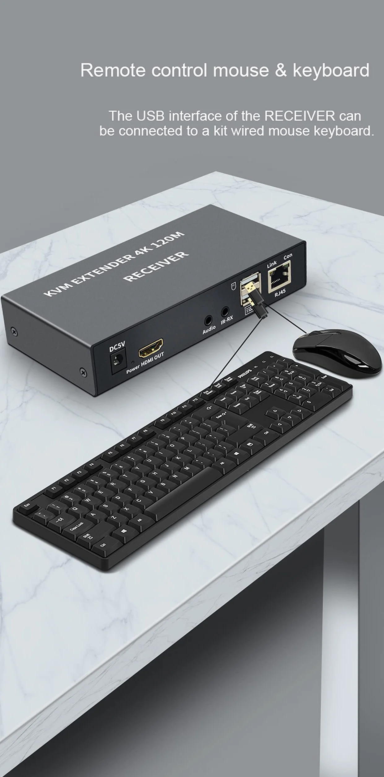 KVM EXTENDER 4K 120M Ricevitore, Extender 4K HDMI KVM Extender via Cat5e/6 cavo Ethernet 120M HDMI USB Extender Video Audio Trasmettitore Ricevitore Supporto Tastiera Mouse