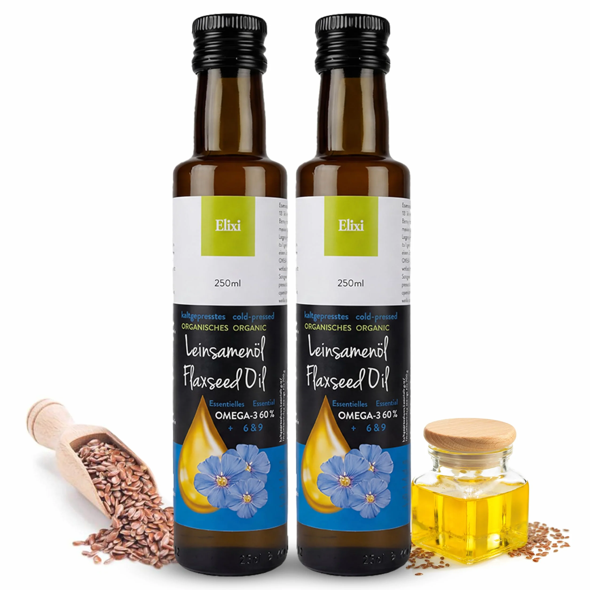 Elixi Olej lniany bio tłoczony na zimno 2x250 ml 500 ml Omega 3 ALA 59% Vegano Finlandia