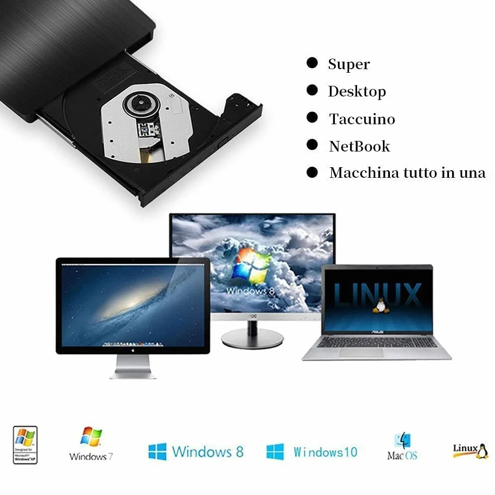 Rioddas Unità CD/DVD Esterno, USB 3.0 Portatile Unità CD/DVD +/- RW Slim Masterizzatore DVD/CD ROM Rewriter Burner compatibile con laptop PC desktop Windows Linux OS Apple Mac