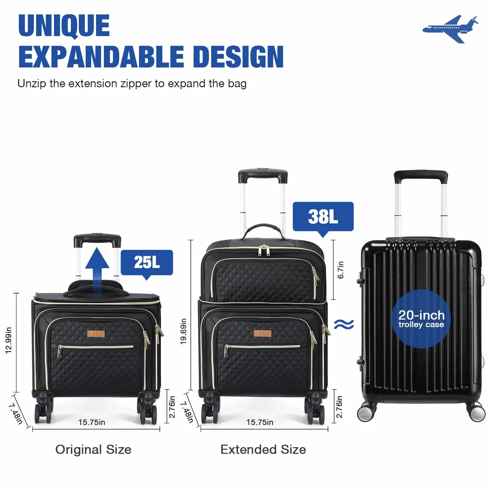 Lekeinchi Trolley Bagaglio a Mano 55x40x20 Espandibili 25-38L Valigia con 6 Tasche Organizer per Laptop Nero