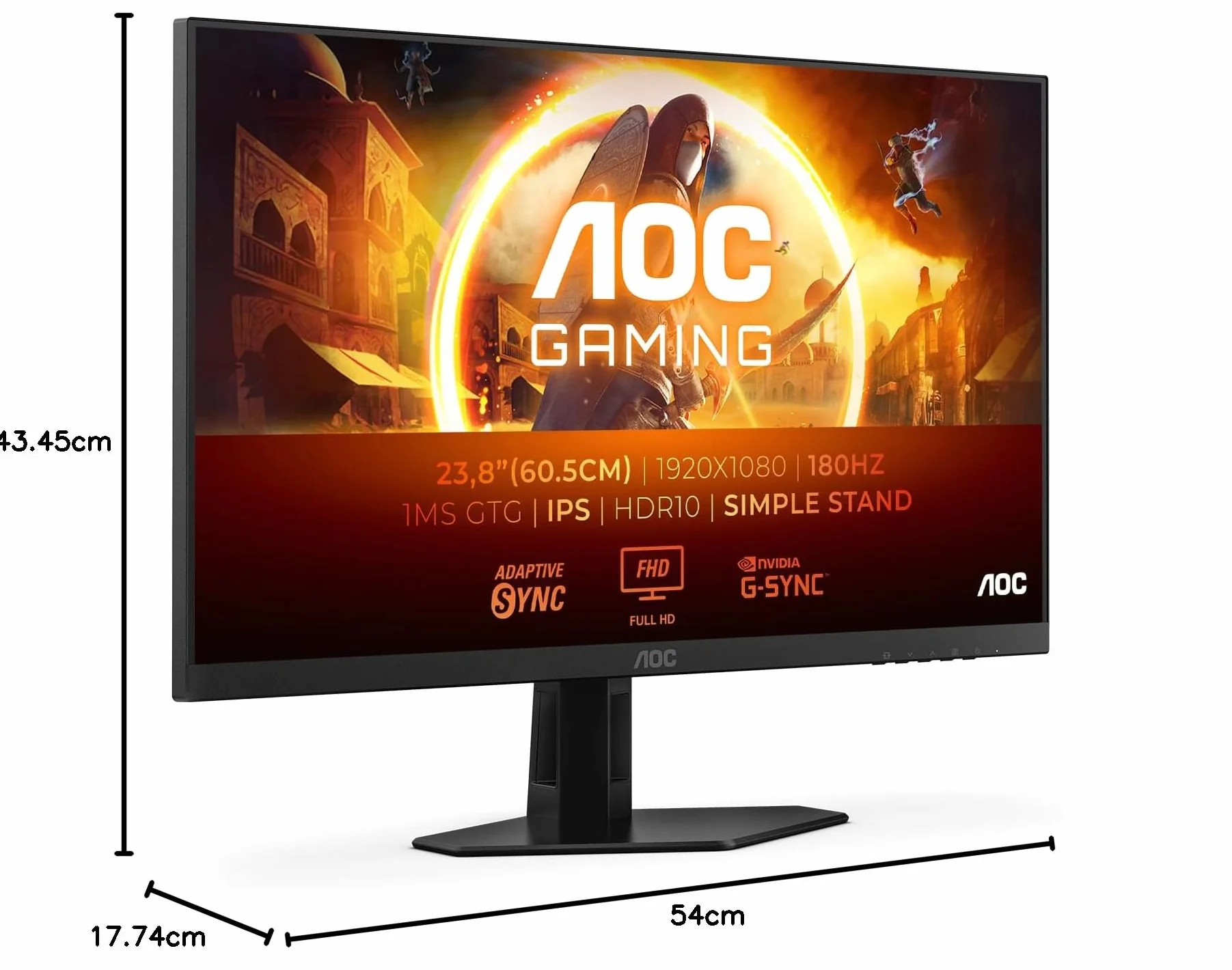 AOC Gaming Monitor 24G4XED 23.8 pollici, 1920x1080, FHD, 180Hz, Fast IPS Panel, 0.5ms MPRT, Speakers, (HDMI2x 2.0 DP 1x 1.4) Adaptive Sync, HDR10, G-Sync Compatible, Nero