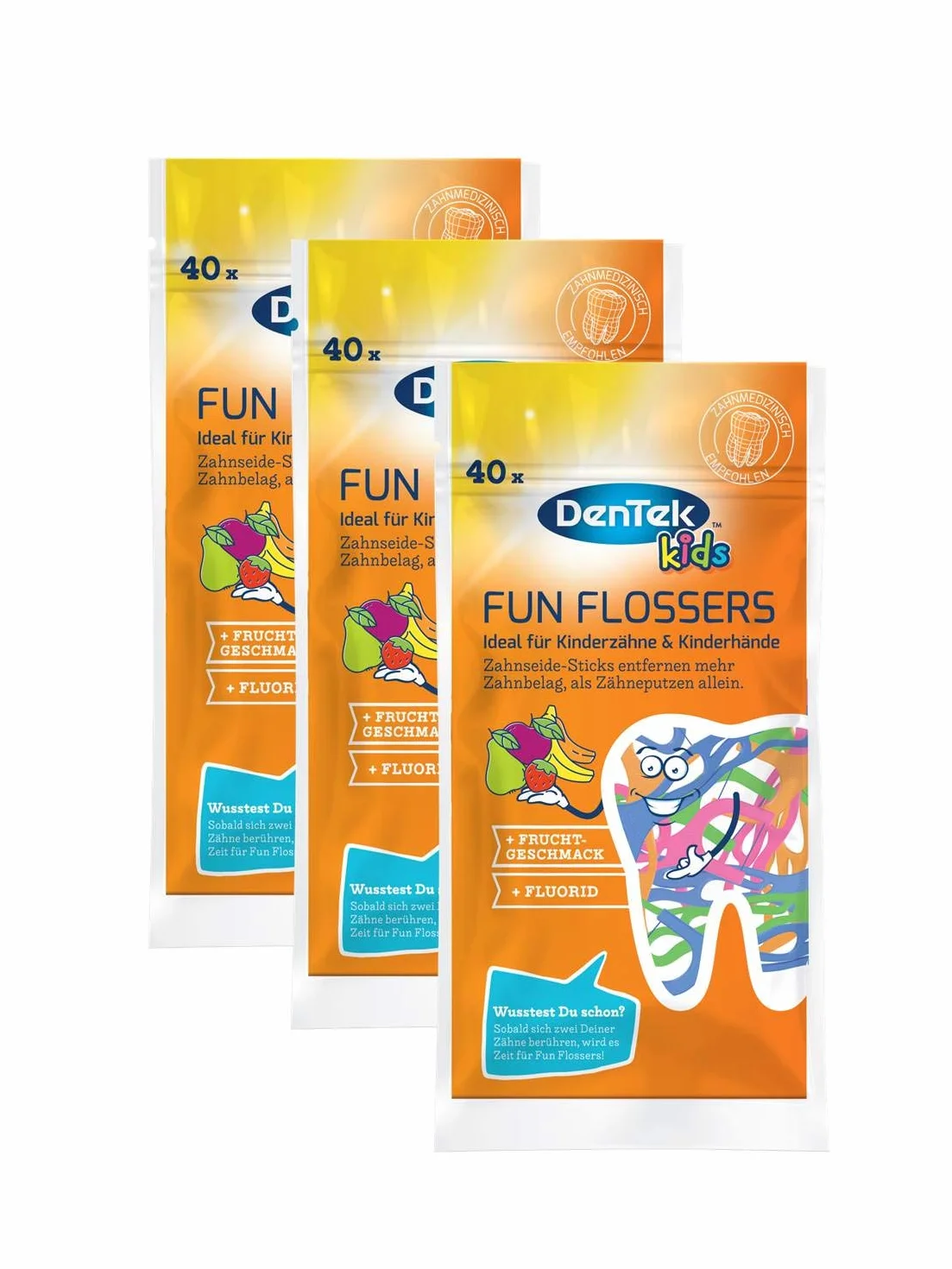 Dentek Fun Flossers Kids Bastoncini di filo interdentale per bambini con sapore di frutta 3 x 40 pezzi