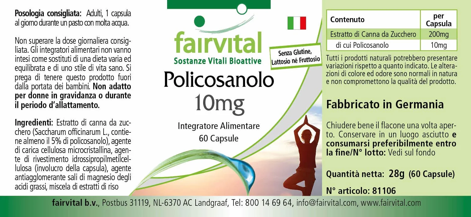 Fairvital Policosanol Capsule 10 mg, 60 Capsules, Alto Dosaggio, Vegane