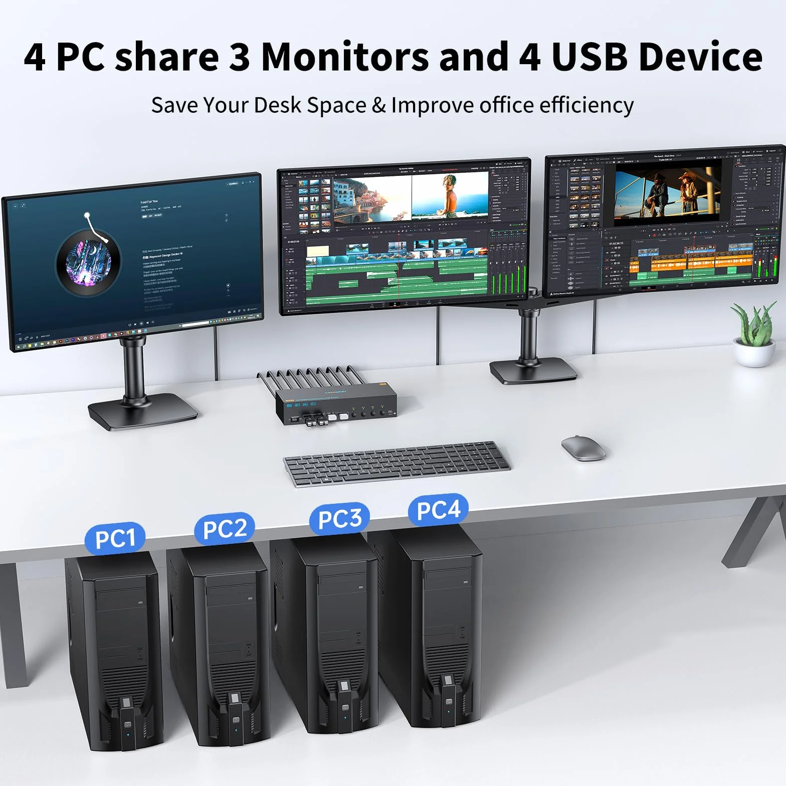 8K KVM Switch 4 PC 3 Monitor 4K @144Hz 8K@60Hz, HDMI 2.1+ 2 DisplayPort 1.4 KVM Switch 4 porte per 4 computer condividono 3 monitor e 4 dispositivi USB, doppio monitor kvm con Wired Remote e 4 cavi