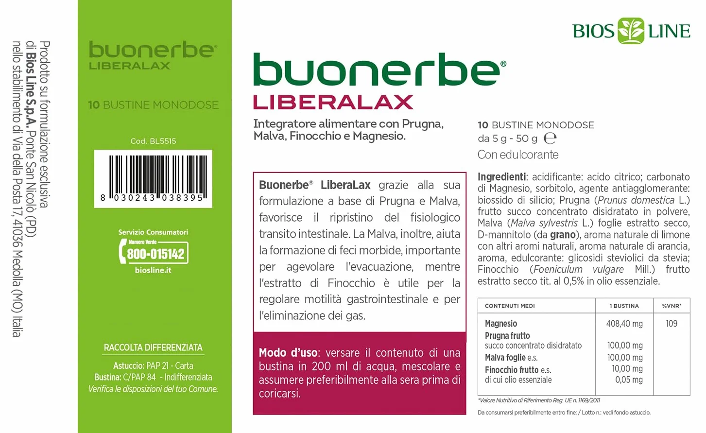 BIOS LINE Buonerbe LiberaLax Integratore Alimentare Intestino Pigro 10 Bustine x 5g Gusto Agrumi