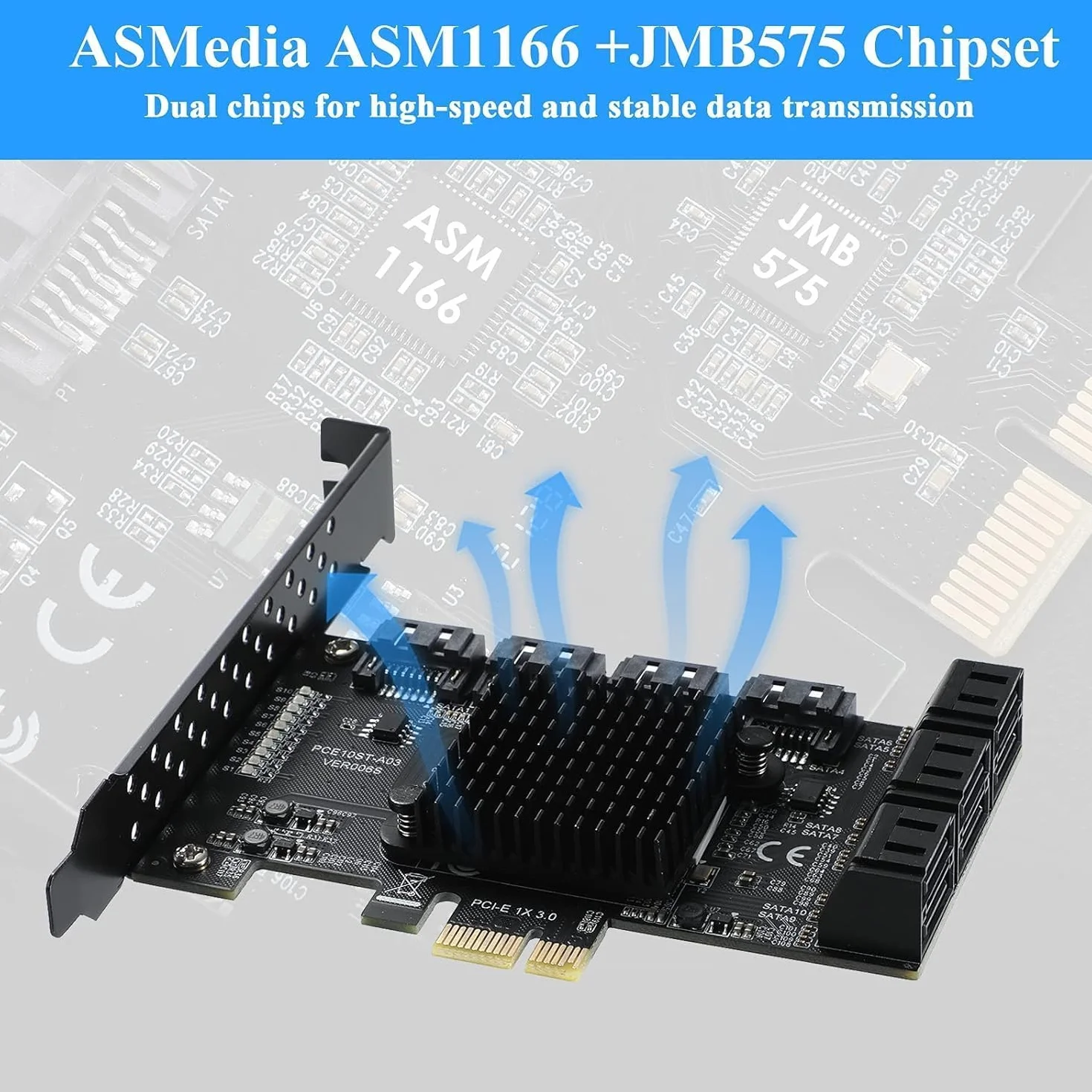 Scheda PCIE 1X SATA a 10 porte,Scheda di espansione PCIe con controller SATA 3.0 da 6 Gbps,Non Raid,Supporto 10 dispositivi 3.0,con supporto a basso profilo e 10 cavi (Chip: ASM1166)