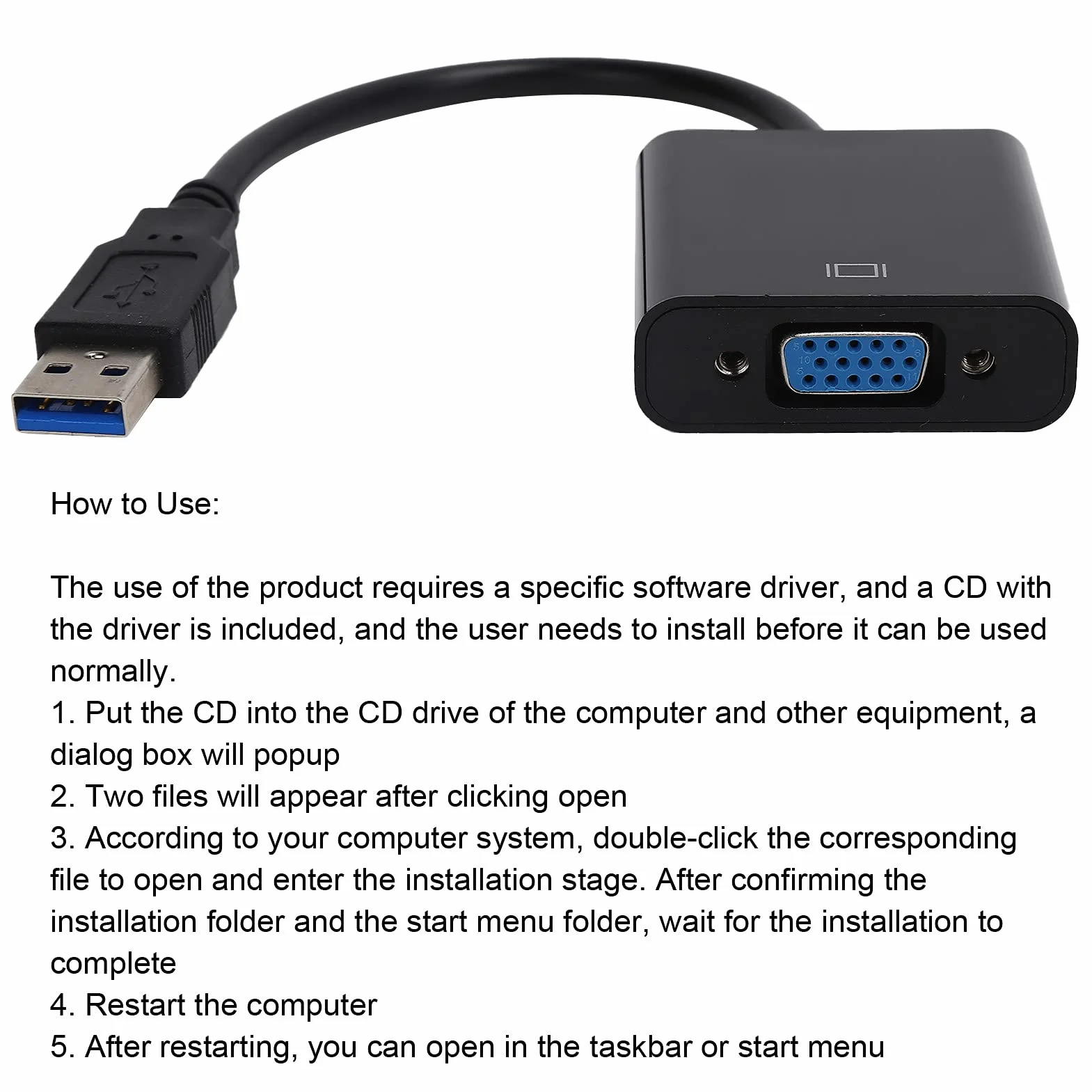 Qiilu Convertitore USB 3.0 Maschio a VGA Femmina 15 Pin 1080p 60 Hz per PC Laptop Monitor Proiettore