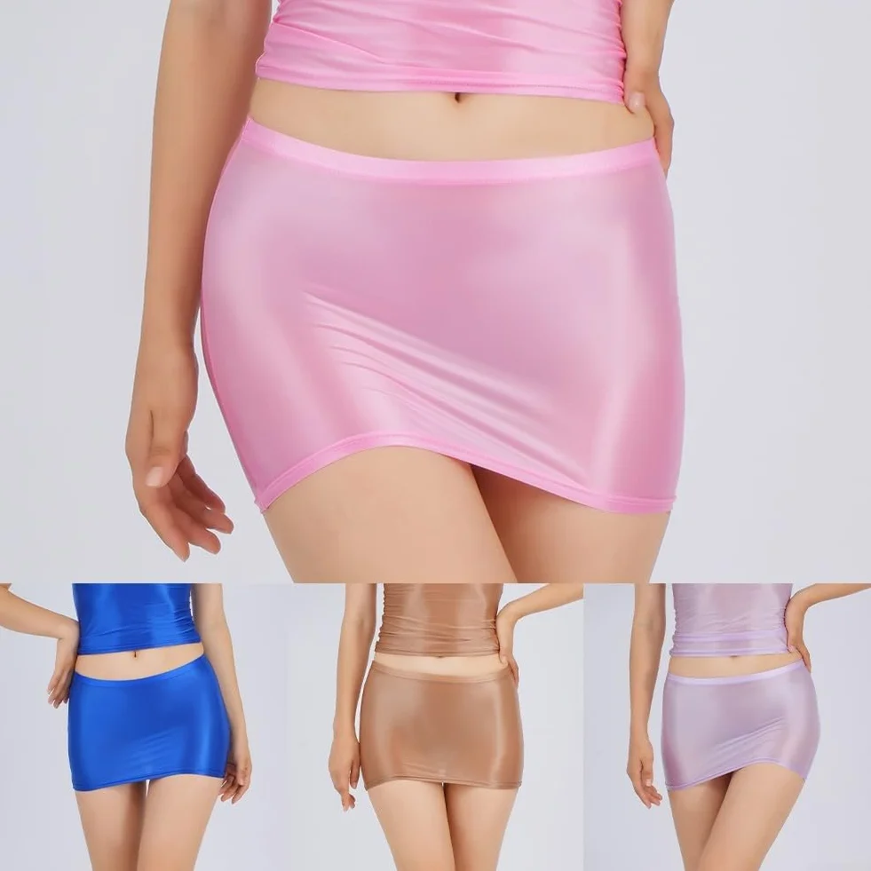 Minigonna sexy da donna in stile lingerie con texture seta oleosa lucida