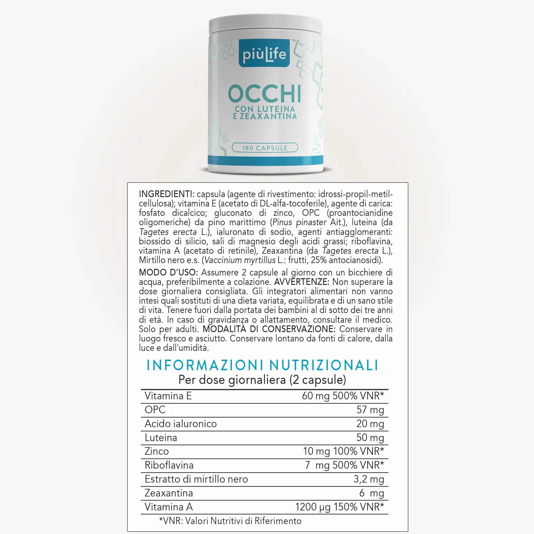 PiùLife Luteina e Zeaxantina Integratore Occhi 180 Capsule Zinco Vitamina A E B2 Acido Ialuronico