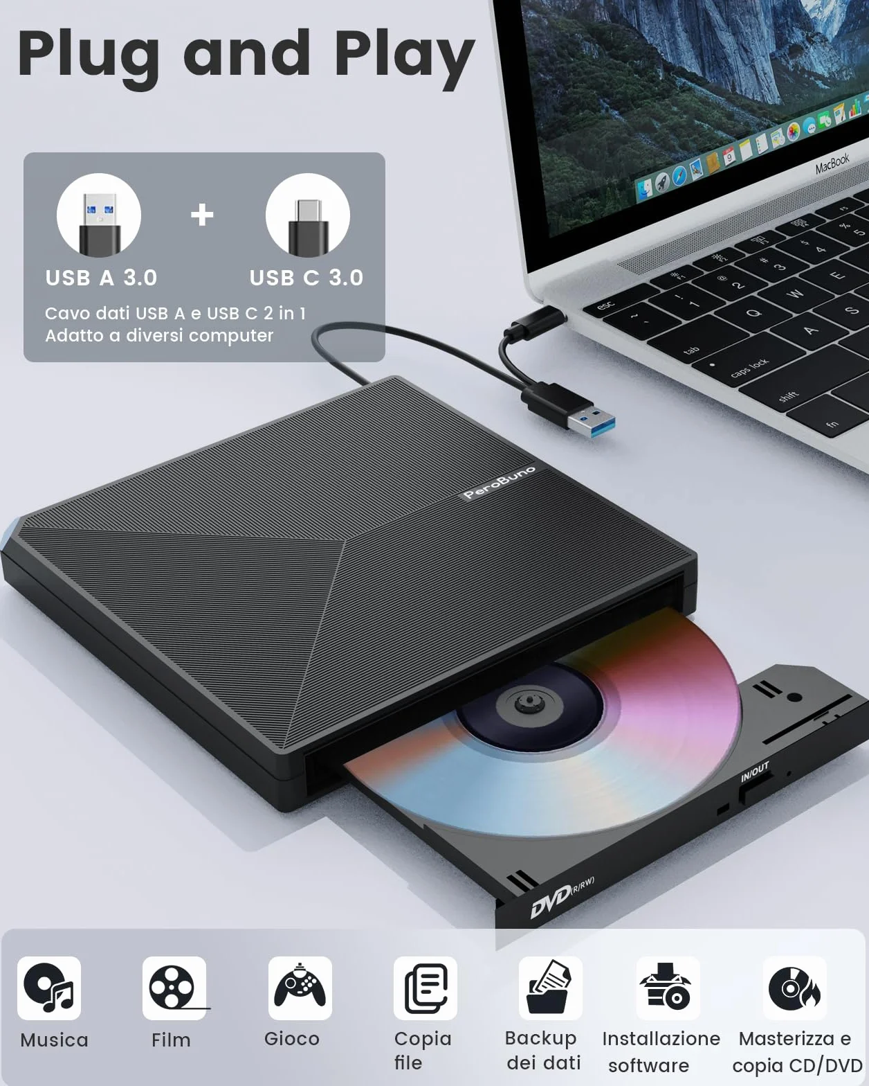 PeroBuno Unità CD DVD Esterne, USB 3.0 e Tipo C Masterizzatore CD Esterno, Plug & Play CD/DVD -/+RW Lettore CD DVD Esterno per PC Laptop Desktop iMac MacBook Pro/Air Windows 11/10/8/7/XP Linux Mac OS