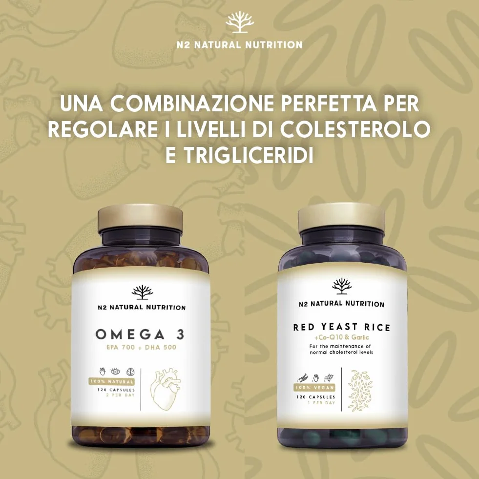 Omega 3 Olio di Pesce 2000 mg EPA 700 mg DHA 500 mg Integratore con Vitamina E 120 Softgel N2 Natural Nutrition
