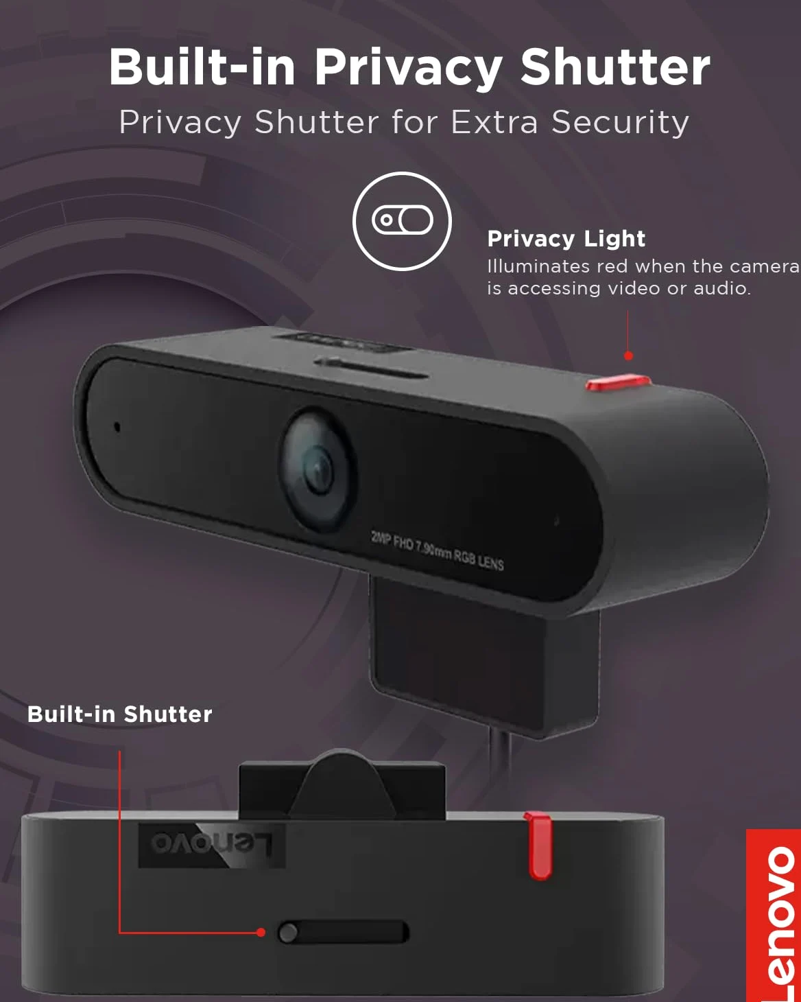 Lenovo Webcam LC50, 1080p, doppio microfono e cancellazione del rumore, attacco magnetico, otturatore per la privacy integrato