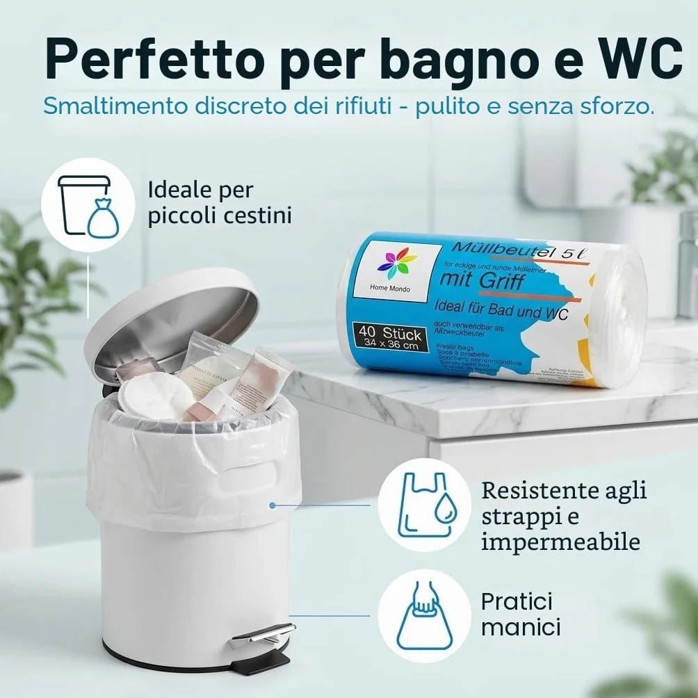 Sacchetti della spazzatura 5 litri 34x36 cm resistenti strappi impermeabili con manico confezione da 3