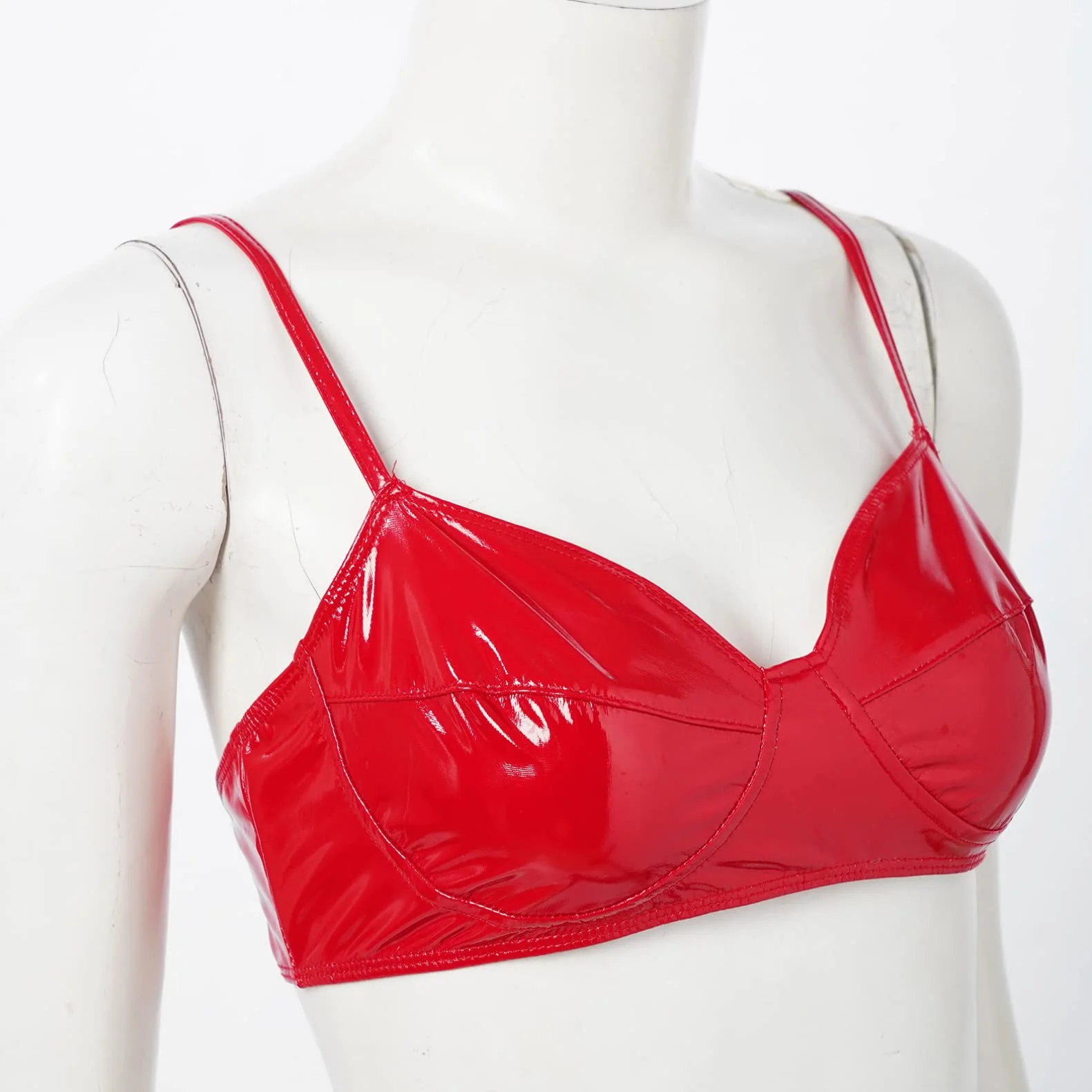Donna Reggiseno Erotico Effetto Bagnato Pelle Spaghetti Crop Top Lucido