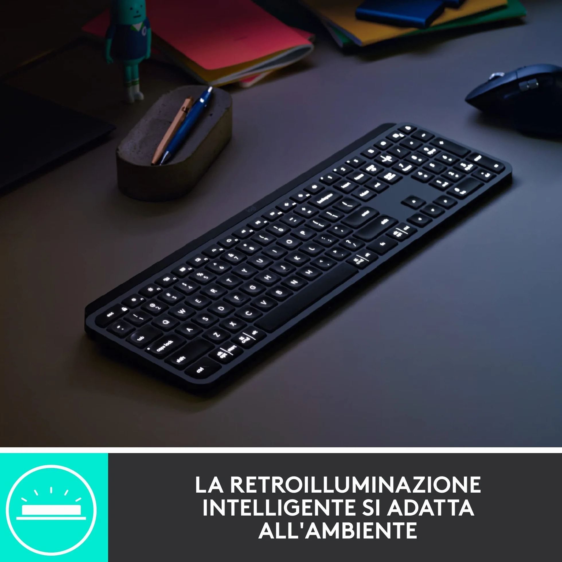 Logitech MX Keys Advanced for Business Tastiera wireless illuminata, ricevitore USB Logi Bolt, Bluetooth, tasti retroilluminati, ricaricabile, layout QWERTY Italiano - Grafite