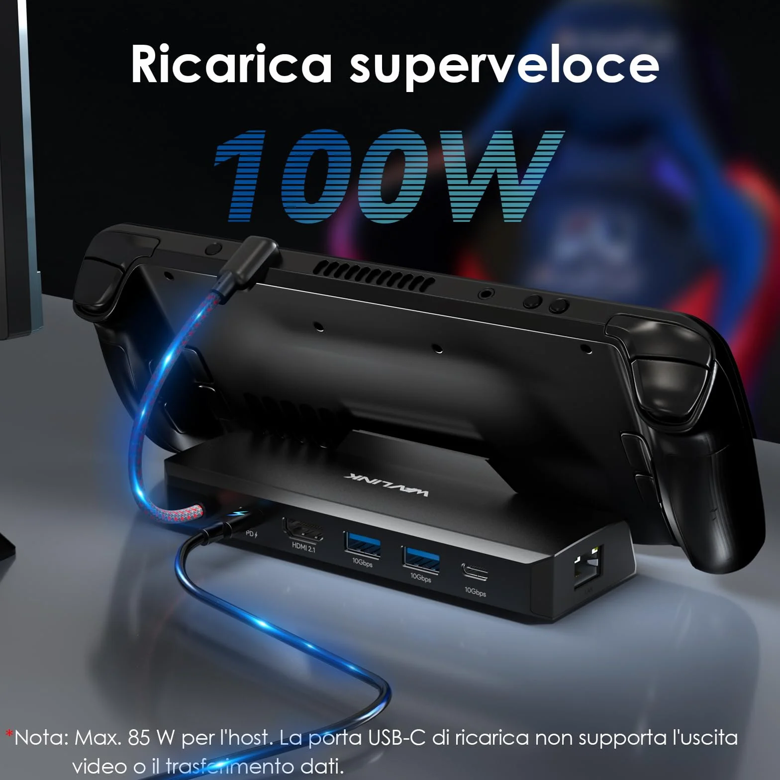 WAVLINK Steam Deck Dock, 6-IN-1 Docking Station per Steam Deck/ROG Ally con 4K@144Hz HDMI 2.1, 100W PD IN, 3x 10G USB 3.2, Gigabit RJ45