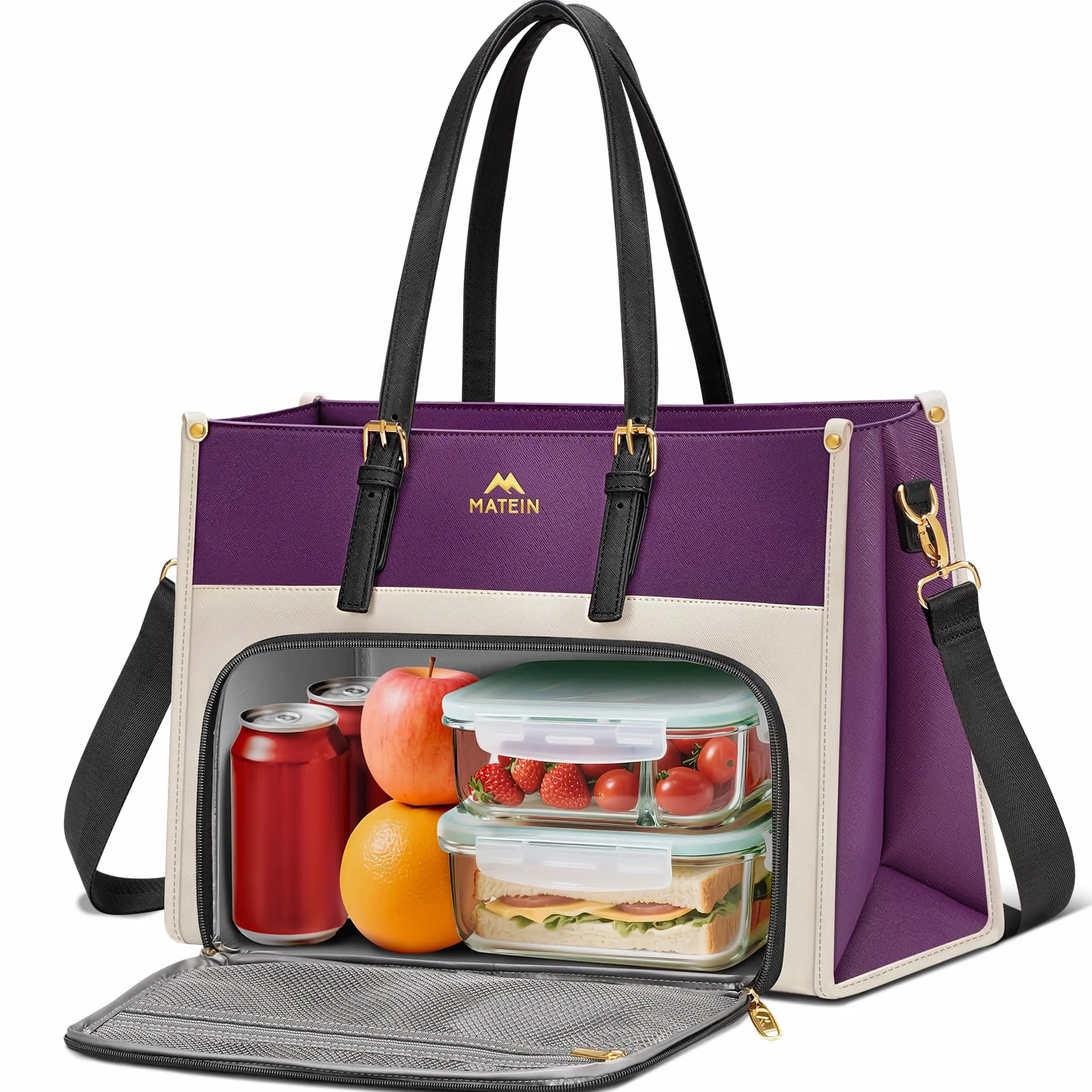 MATEIN Borsa Porta PC Donna con Scomparto Pranzo Isolato, 15,6 Pollici Grande Borsa Tote Elegante con Porta Pranzo, Pochette Impermeabile, Antifurto, per Lavoro Viaggio e Università, Viola