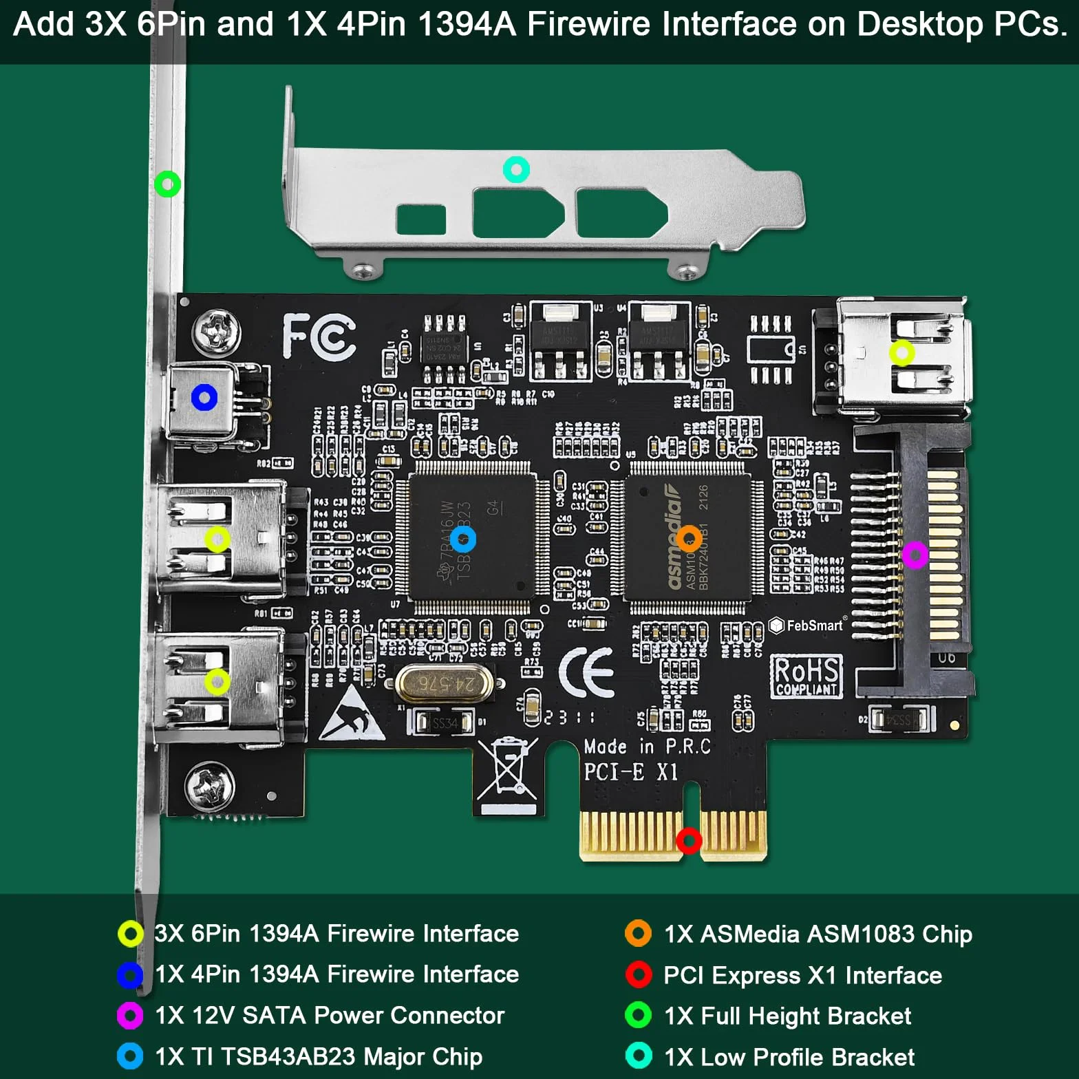 Scheda di espansione PCIE Firewire 400 1394A a 4 porte, Texas Instruments TI TSB43AB23, Plug and Play su PC desktop Windows e MAC, 3 porte a 6 pin e 1 x 4 pin 1394 A, velocità massima 400