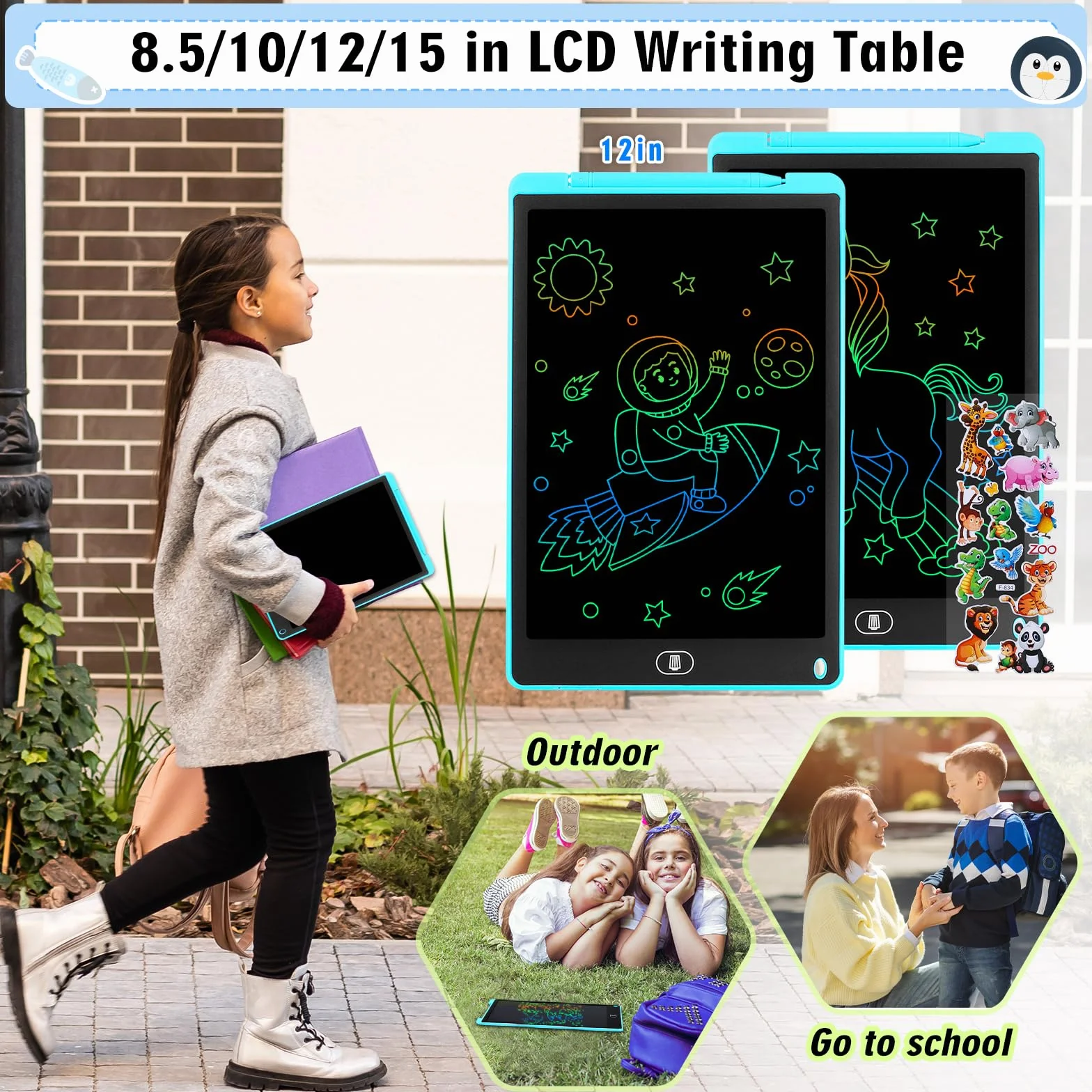 Tavoletta Grafica LCD 12 Pollici 2 Pezzi Schermo Colorato per Bambini Cancellabile Adesivi Animali Blu