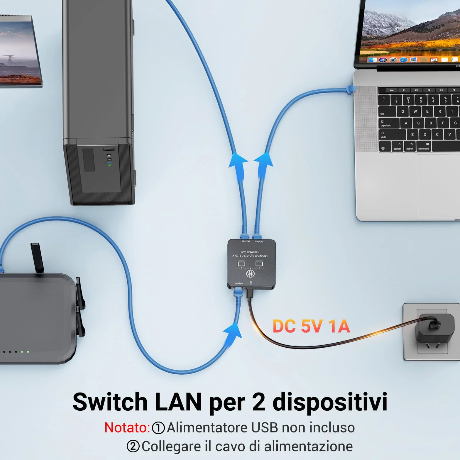 KiwiBird Switch ethernet 2 Porte, Splitter ethernet, 1000Mbps sdoppiatore Cavo LAN RJ45 gigabit, Mini Switch 1 Ingresso 2 uscite per Cat 8 7 6 5e 5 Compatibile con Router Fibra Ottica PC TV Box PS5