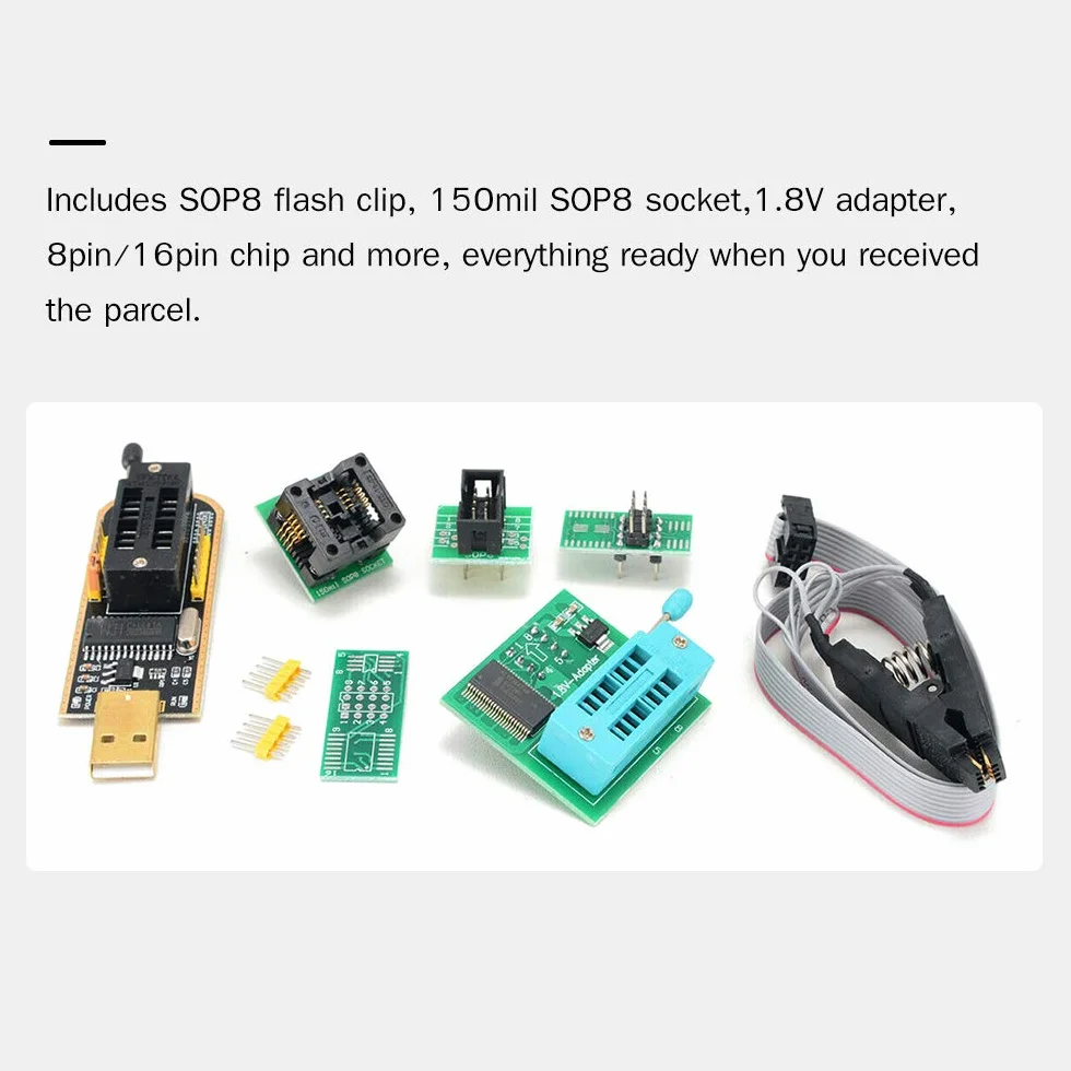 CH341A Kit Programmatore USB con SOP8 EEPROM Burner BIOS Flasher SPI Flash 1 Adattatore 8V Presa 150mil per Serie 24 25
