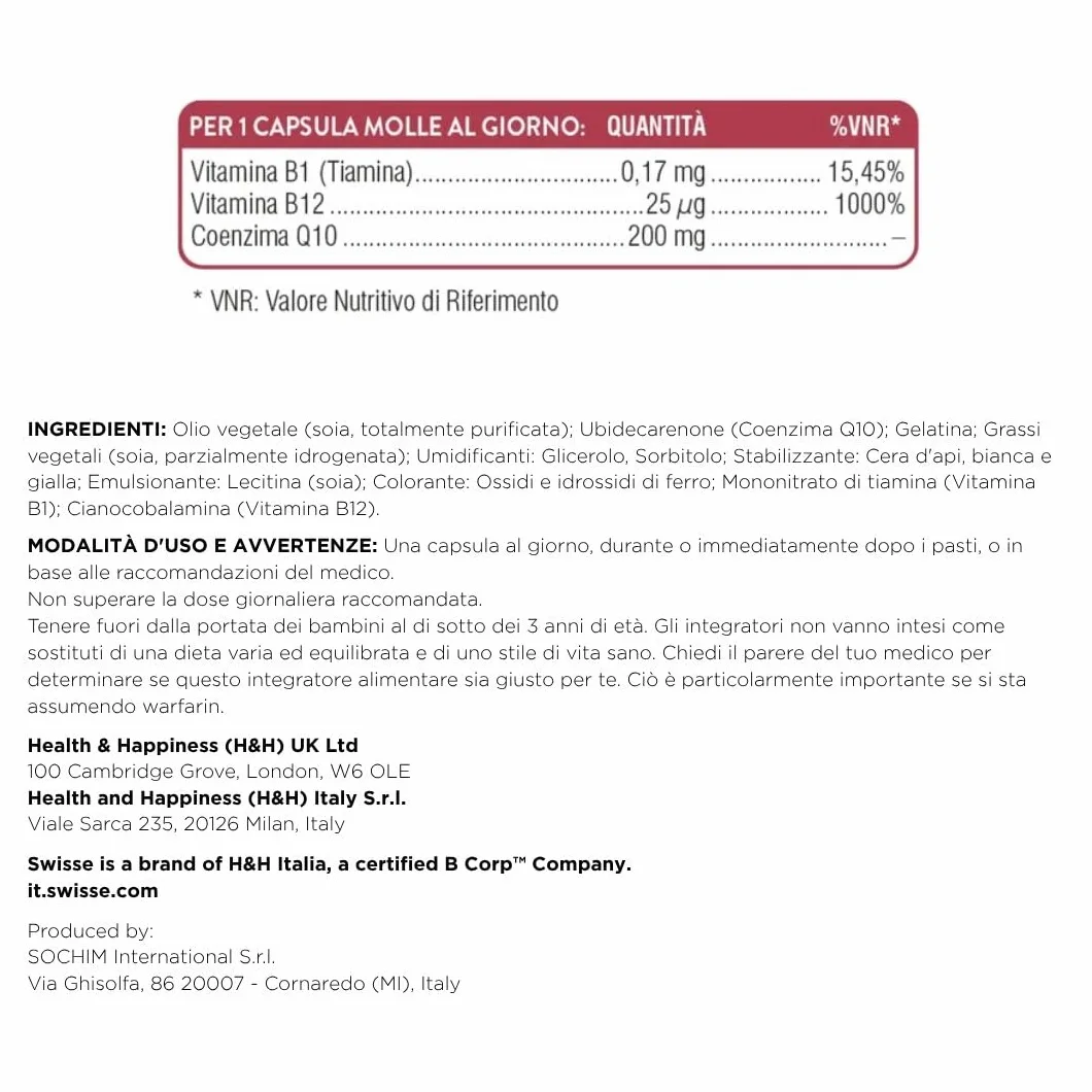 SWISSE Ultiboost Coenzima Q10 200mg Integratore con Vitamina B12 e B1 30 Capsule Molli