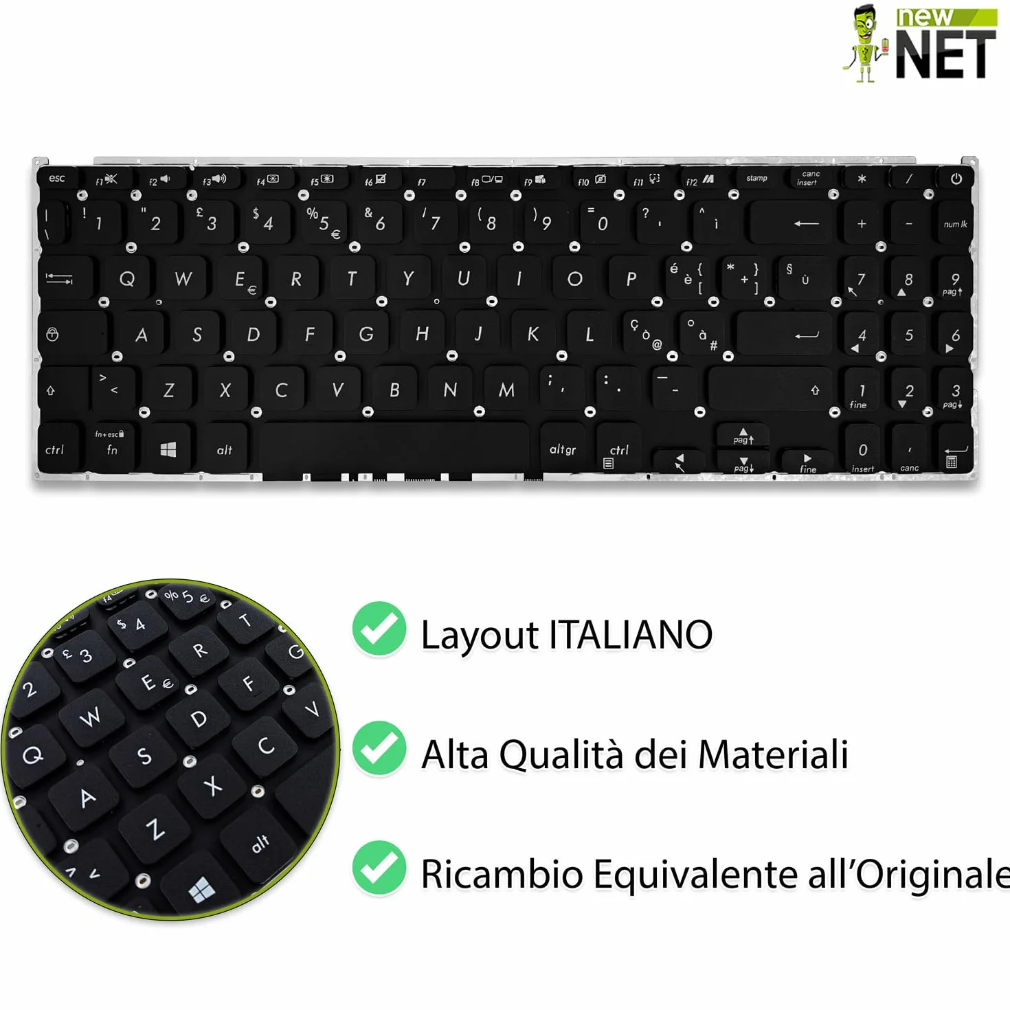 new net - Tastiera compatibile con Notebook ASUS X515JP, X515KA, X515MA, X515MA-BR037T, X515MA-EJ490T, X515MANS, X515UA [Senza frame - colore tasti Nero - Layout ITA]