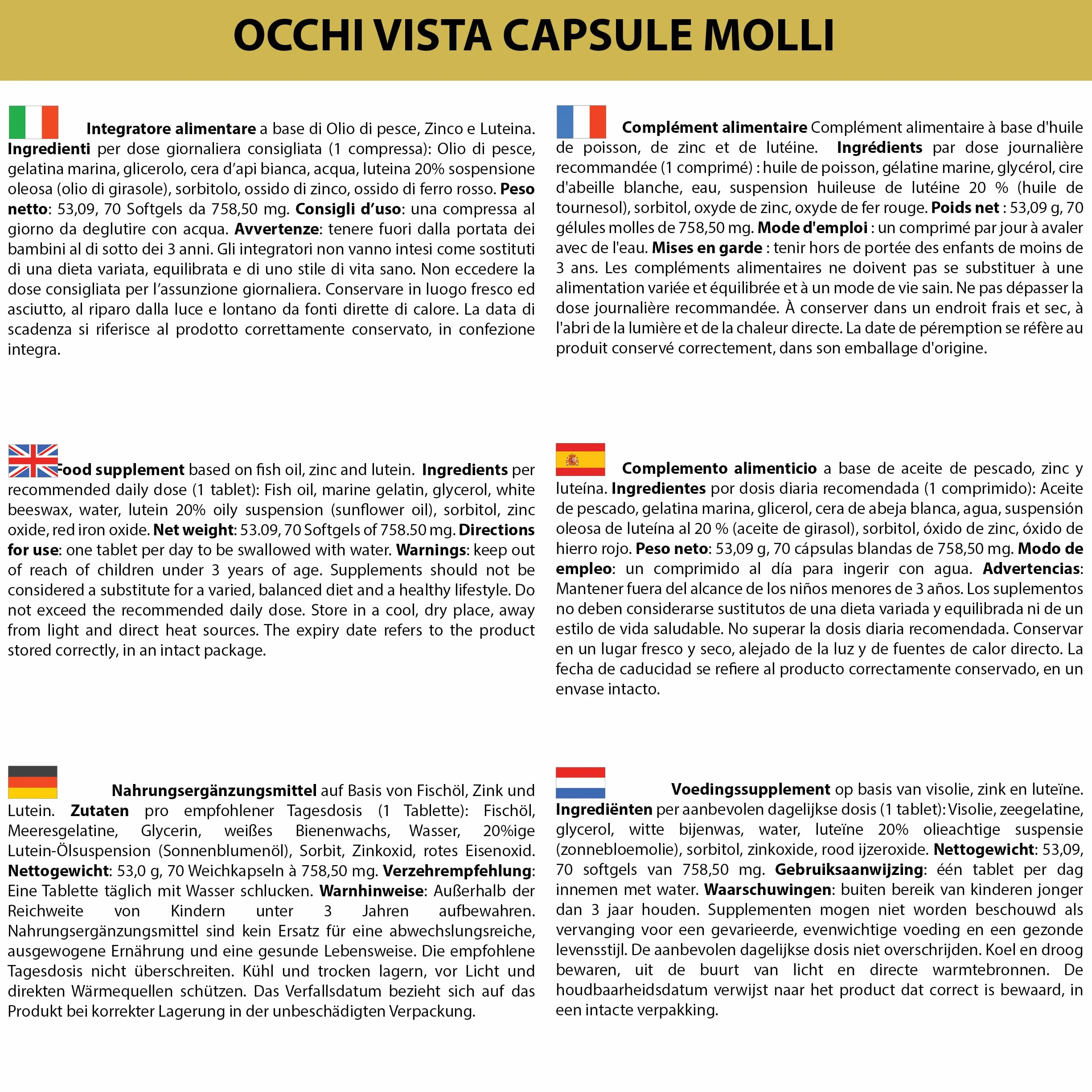 LA BOTTEGA DEGLI INTEGRATORI Integratore per la Visione 280 Softgels Luteina Zinco Olio di Pesce Omega 3 DHA EPA Occhi Vista Capsule Molli