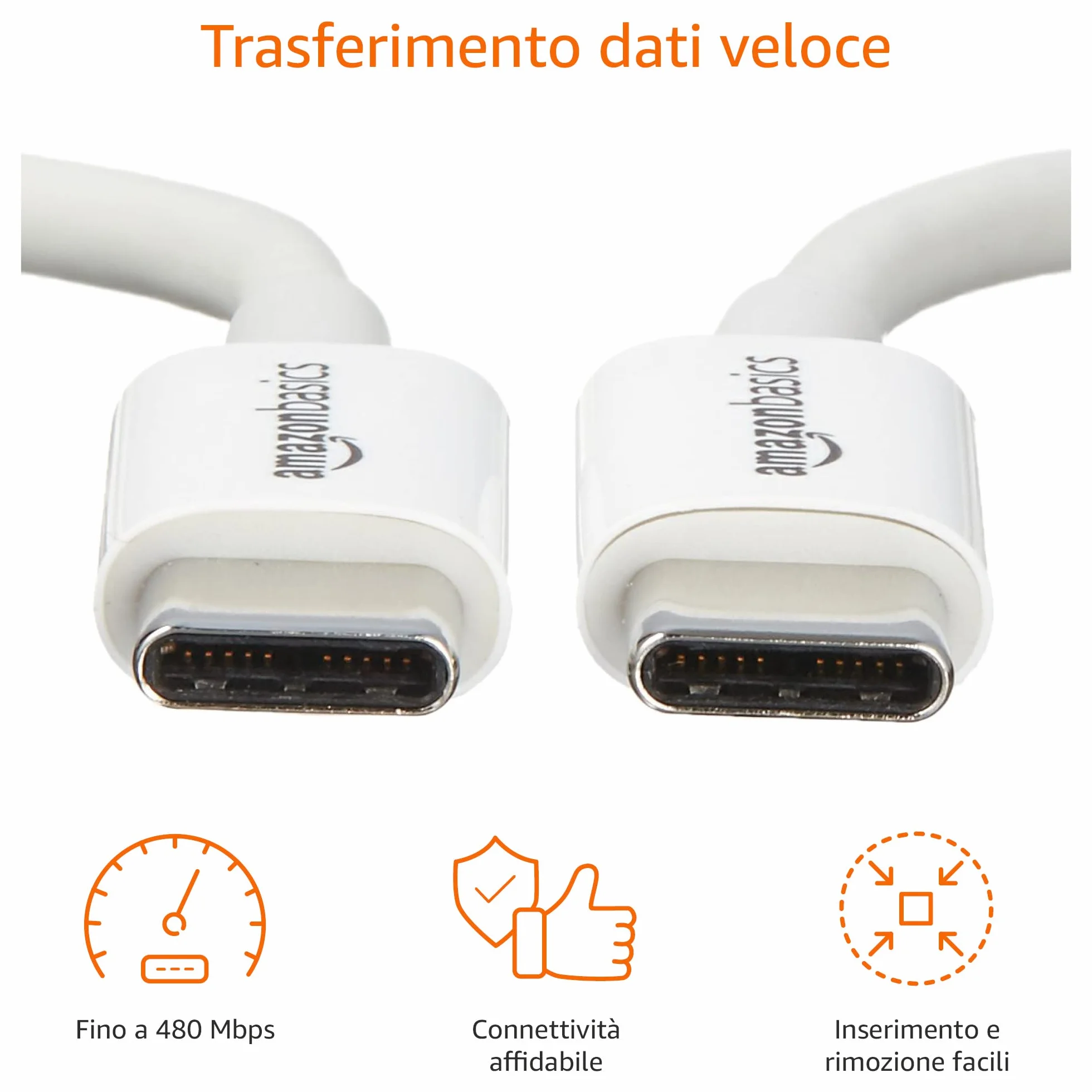 Amazon Basics Cavo di ricarica rapida USB-C a USB-C 480 Mbps certificato USB-IF 1.8 m bianco