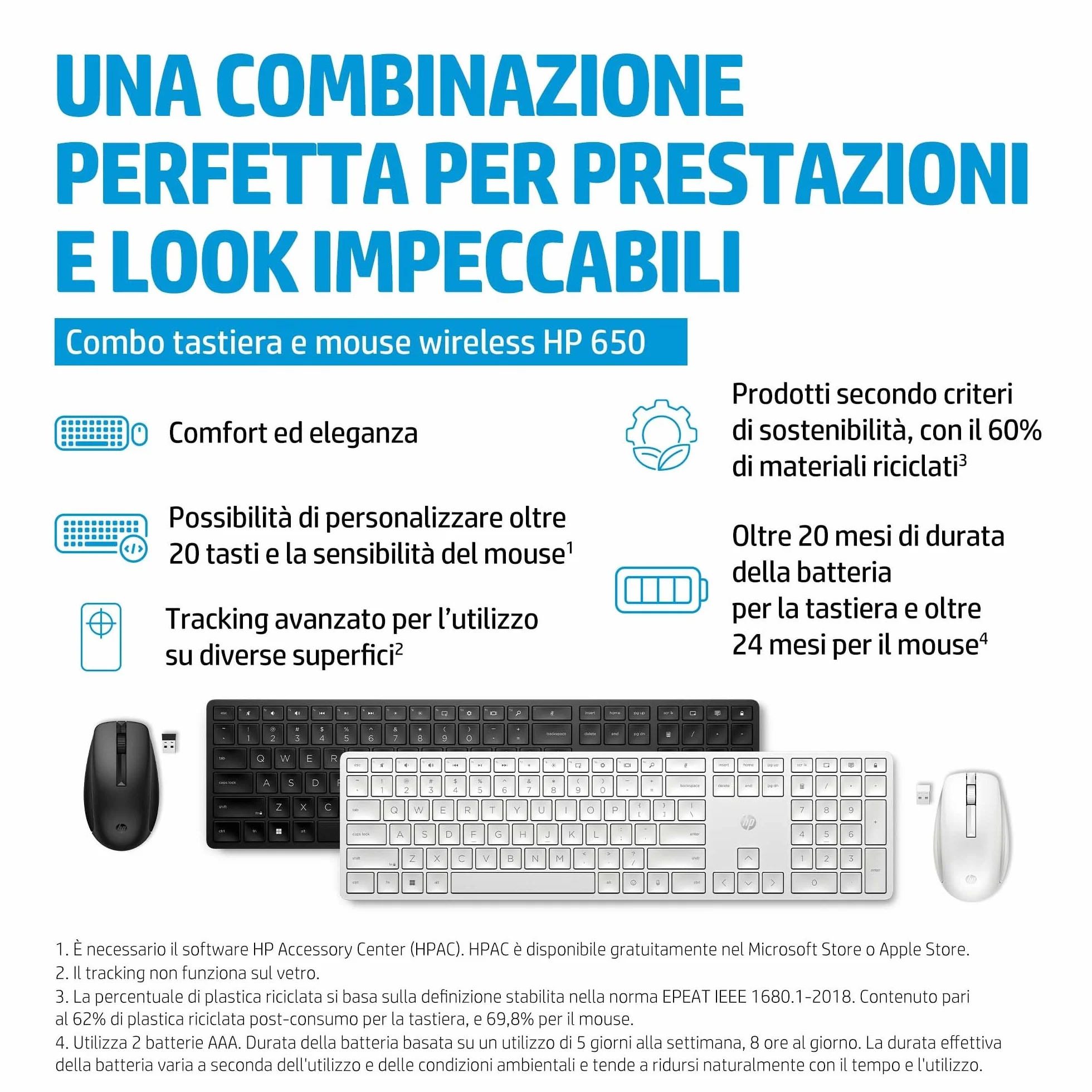 HP 650 Tastiera e Mouse Wireless con Dongle USB-A a 2,4 GHz, 20 Tasti programmabili, Piedini Regolabili con 6 Gradi Inclinazione, Tastierino Numerico, Mouse fino a 4000 DPI Personalizzabili, Nera
