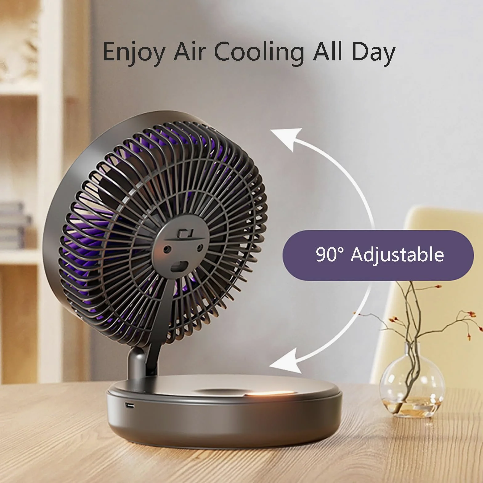 Piccolo ventilatore portatile ricaricabile con luce notturna, circolazione d'aria ultra silenziosa a 5 velocità, forte flusso d'aria per casa e ufficio, ventilatore da tavolo personale pieghevole