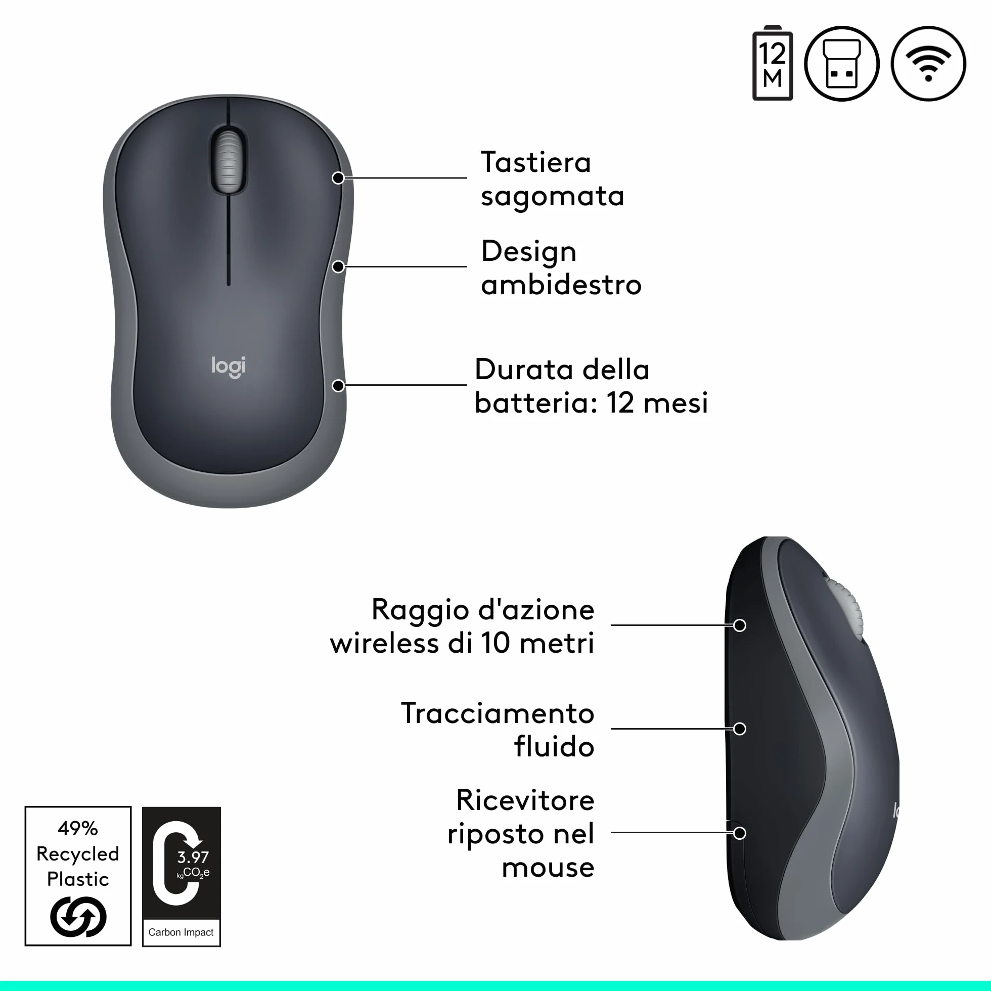 Logitech M185 Mouse Wireless 2,4 GHz Mini Ricevitore USB Tracciamento Ottico 1000 DPI Grigio