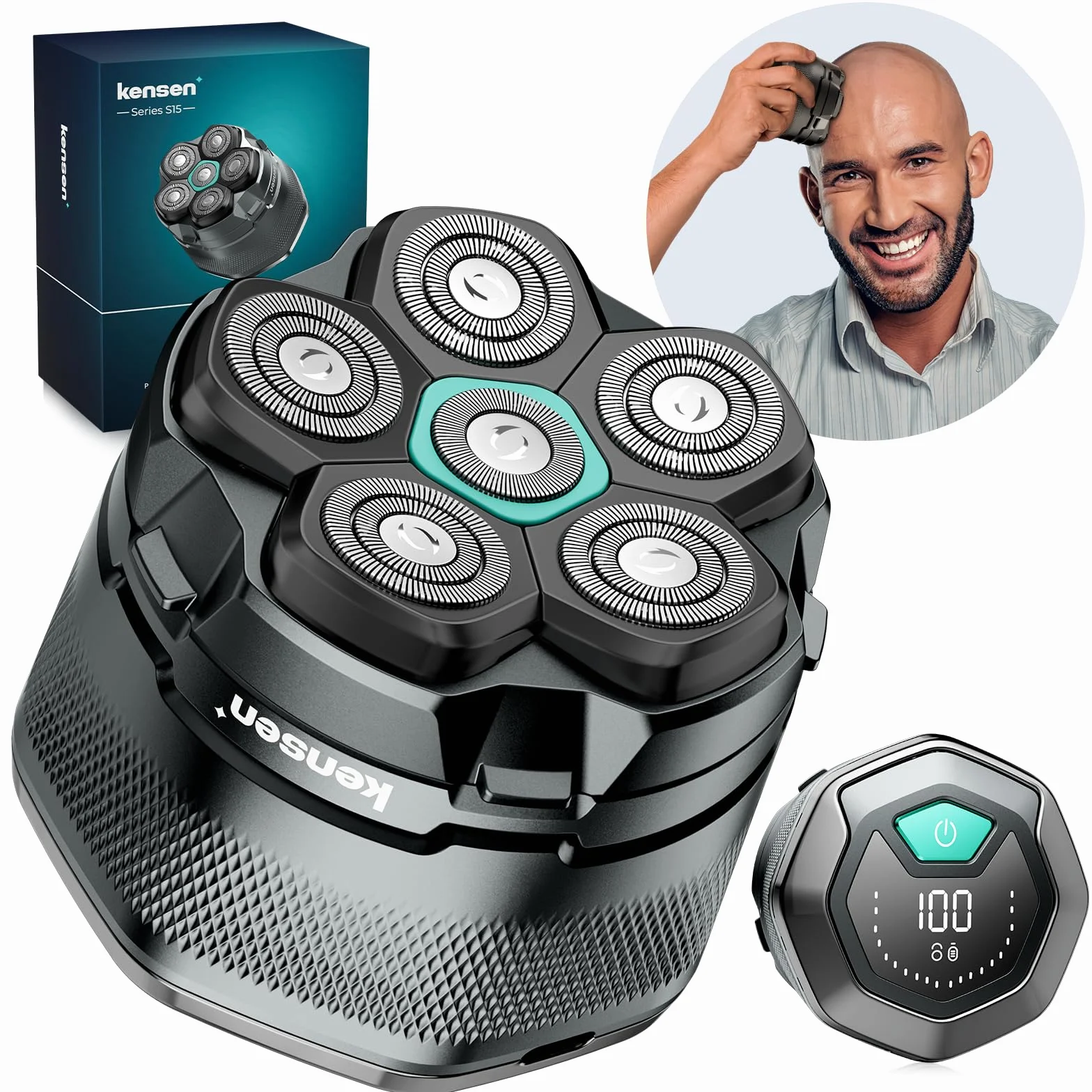 Kensen Rasoio Elettrico Testa Calva Uomo 6D Impermeabile Cordless 160 Minuti Autonomia USB-C
