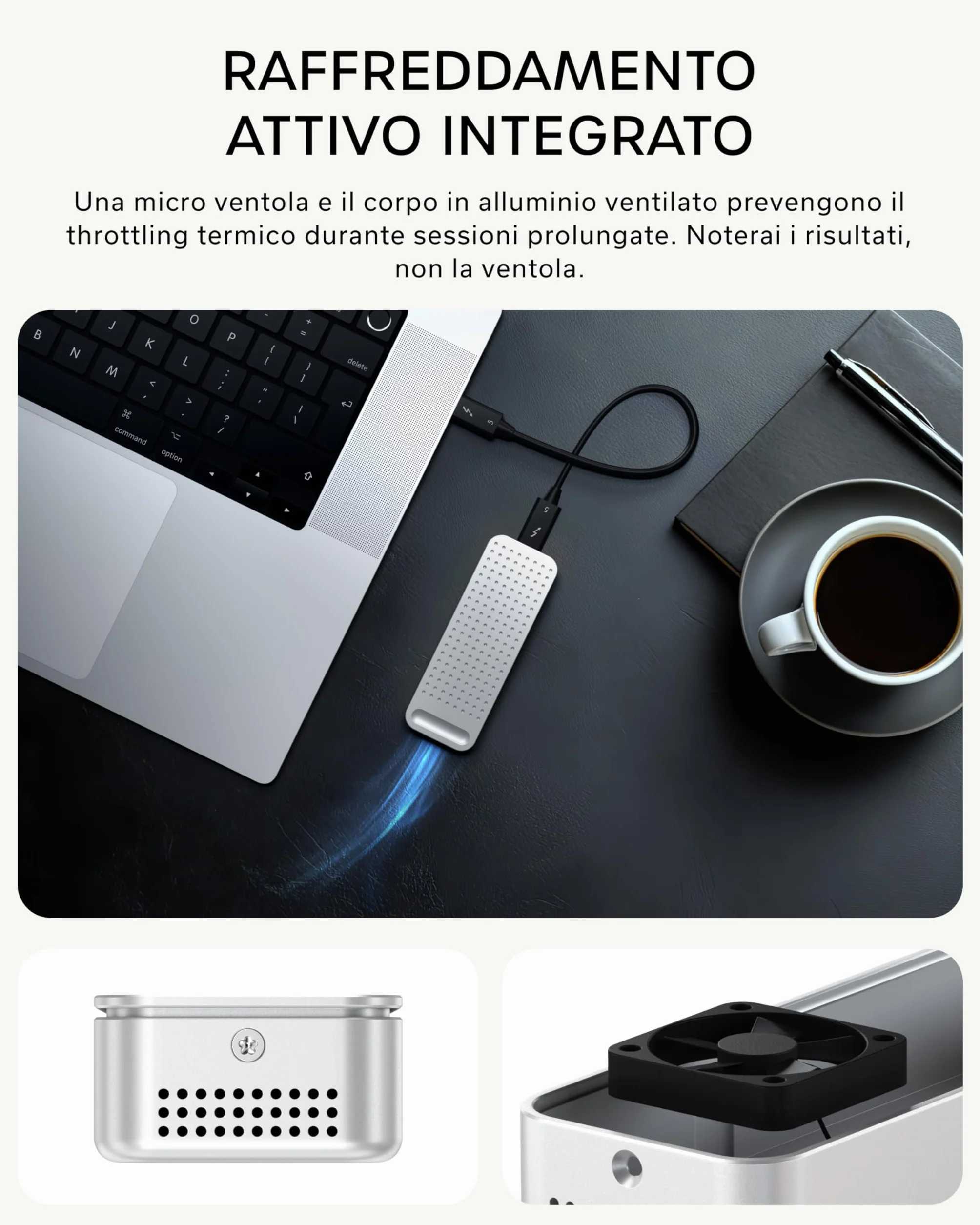 SATECHI DotDisk™ Case SSD M.2 NVMe 80Gbps, USB4 V2 in Alluminio con Raffreddamento Attivo, Trasferimento Ultra Rapido per Thunderbolt 5 e USB4 – Argento