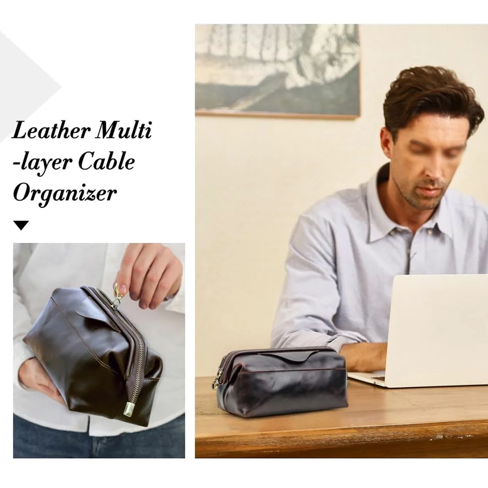 Custodia organizer for elettronica da viaggio in pelle Borsa for trasporto cavi con cerniera Custodia tecnica for cavi, cavi ed elementi essenziali da viaggio(Black)