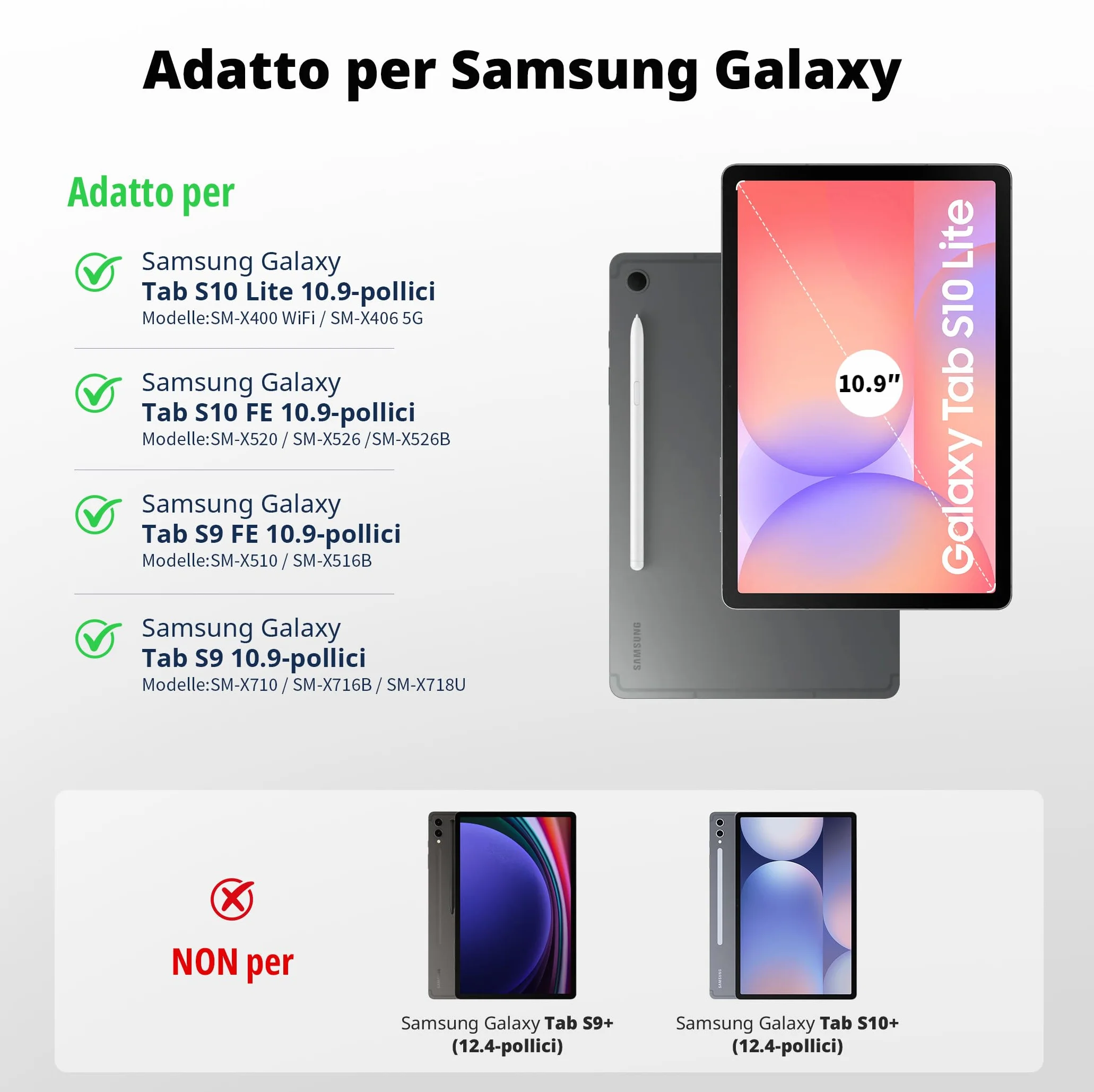 EasyAcc Cover con Tastiera Compatibile con Samsung Galaxy Tab S10 Lite/S10 FE/S9 FE/S9 10.9"/11"(2025/2023) con Pellicola Protettiva, [Italiano], Tastiera Rimovibile con Portapenne, Nero