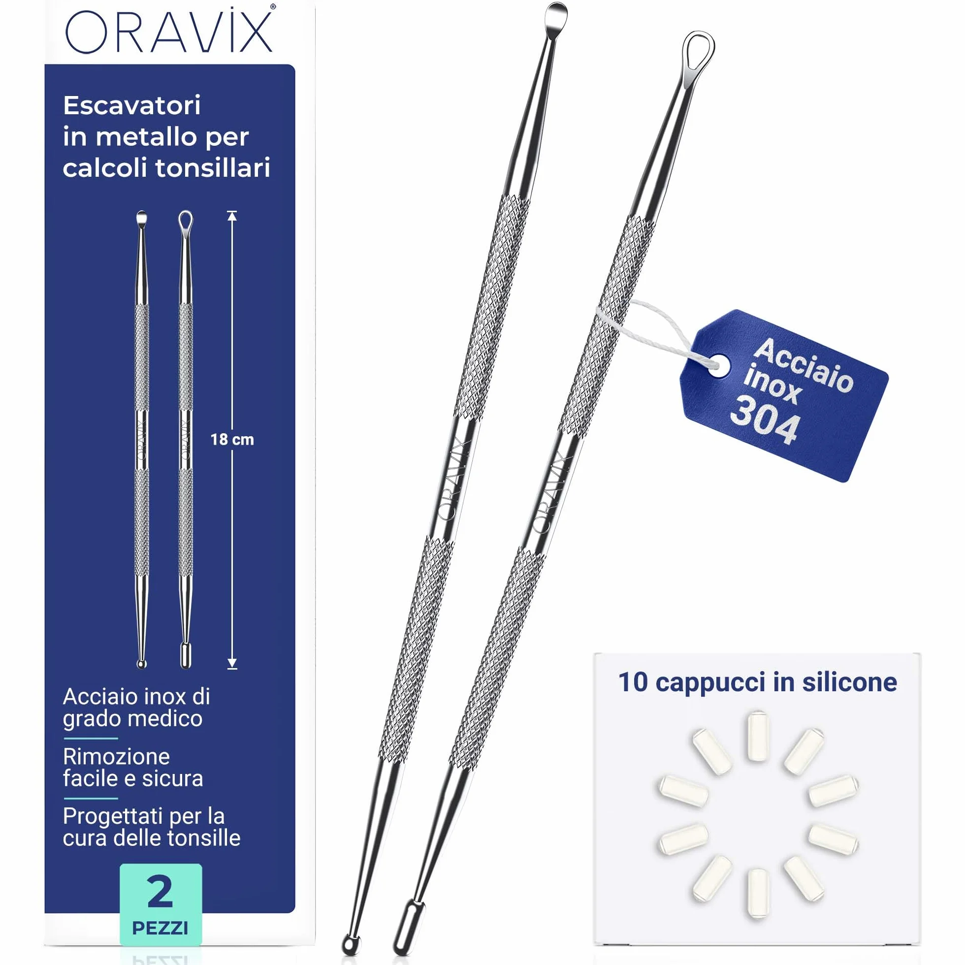 ORAVIX Escavatore Rimozione Calcoli Tonsillari Set 2 Unità 18 cm Strumento Metallo con 10 Punte Silicone