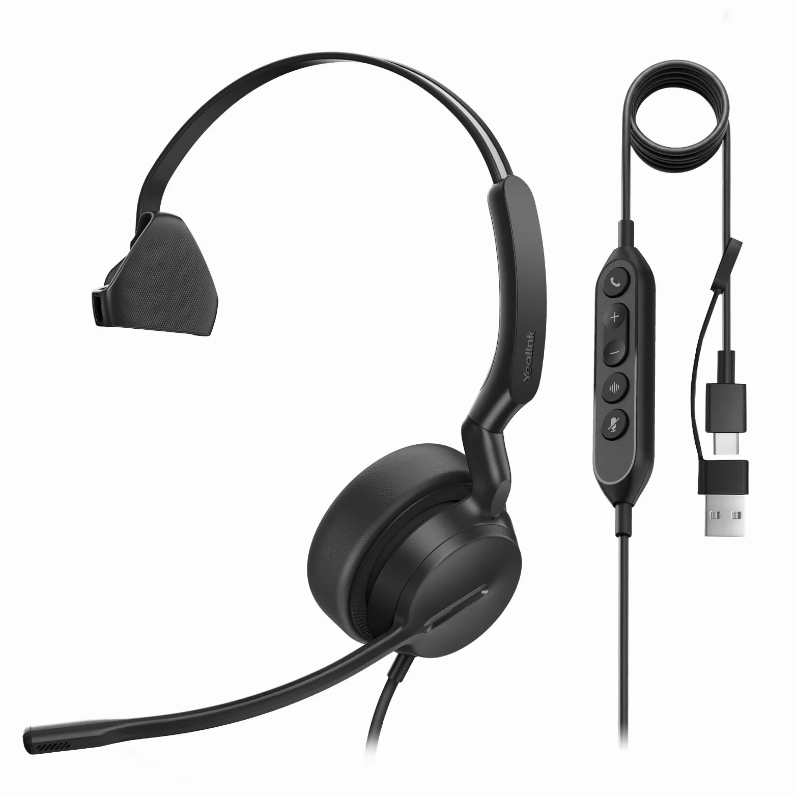 Yealink UH44 Cuffie con microfono, mono, auricolare Teams con cavo USB-C/A e cancellazione del rumore per PC, call center, ufficio e segnalazione di occupato.