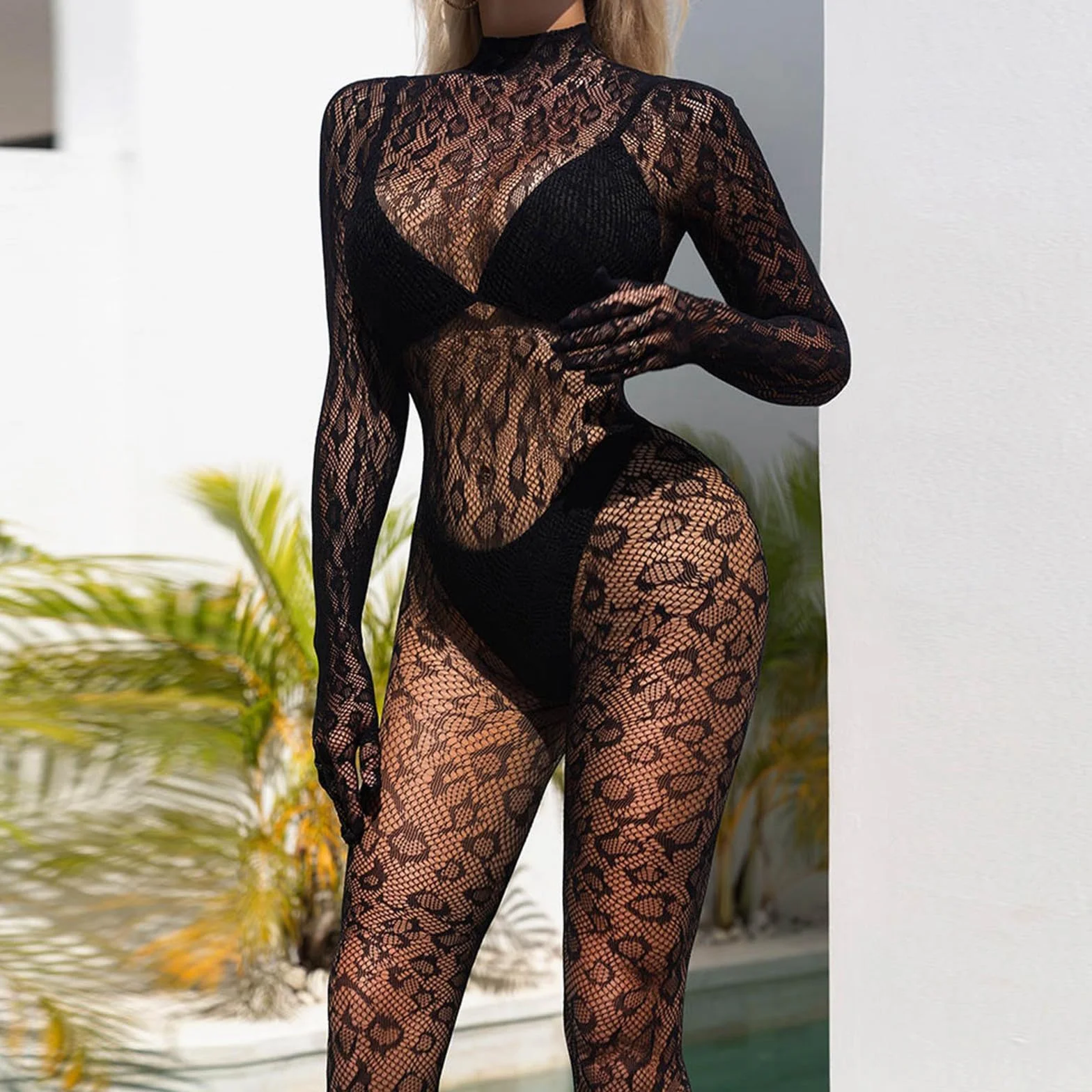 Calze a rete trasparenti sexy a maniche lunghe tinta unita da donna