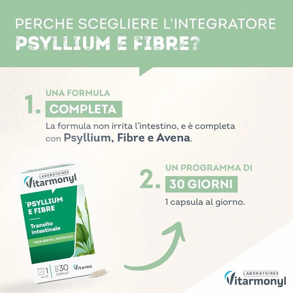 Psyllium e Fibre Integratore Transito Intestinale con Avena 30 Capsule Vitarmonyl