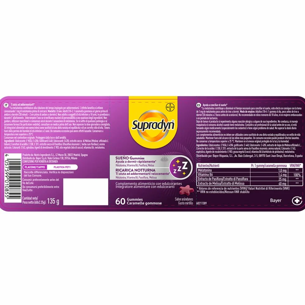 Supradyn Ricarica Notturna Melatonina 1mg Adulti 60 Caramelle Gommose Mirtillo con Vitamina B6 Passiflora e Melissa