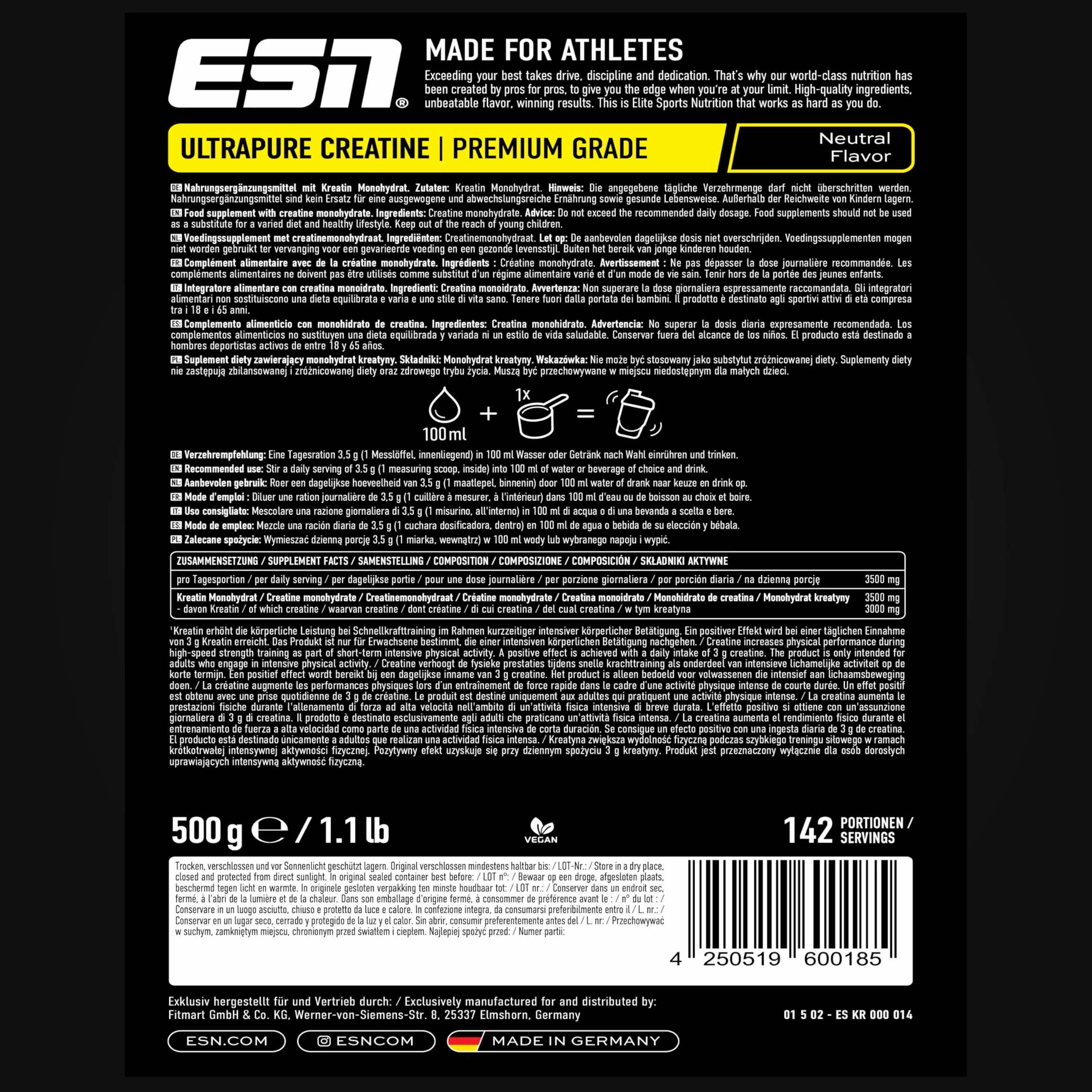 ESN Ultrapure Creatina Monoidrata in Polvere Pura 500 g - Integratore Vegano per Allenamento e Sport